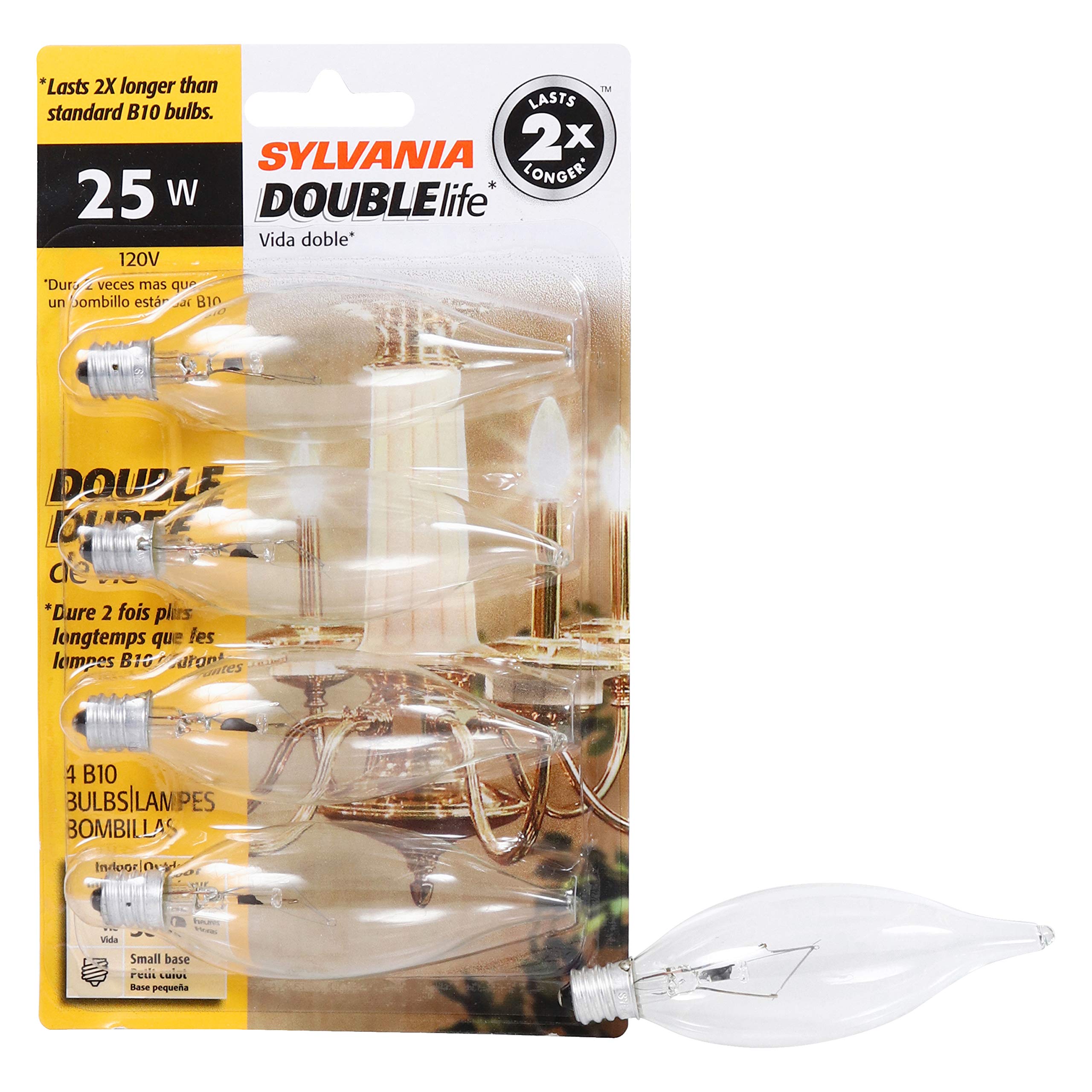 Sylvania Double Life Incandescent Light Bulb  B10  25W  150 Lumens  2850K  Candelabra Base  Clear  Soft White - 4 Pack (13306)