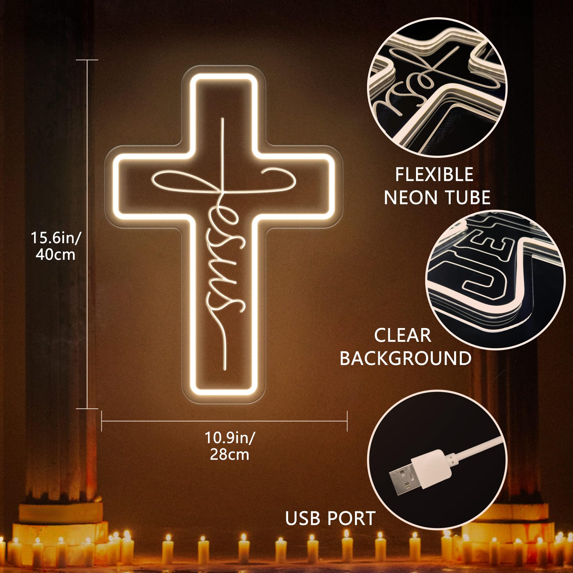 HAJAE Cross Neon Sign LED Wall Decor, Dimmable, Warm White, 15.5in ×11in , Model HAJAE01 for Bedroom, Living Room, Religious Events
