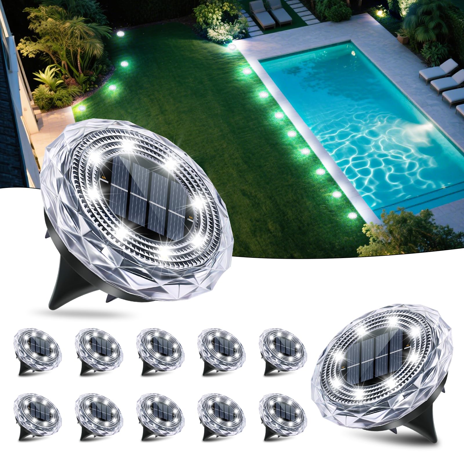 Fortulux Solar Ground Lights Solar Disc Light Outdoor Waterproof Landscape Lighting Garden Lights For Pathway  Yard  Deck  Lawn  Patio  Swimming Pool  Walkway(Cool  12Pack)