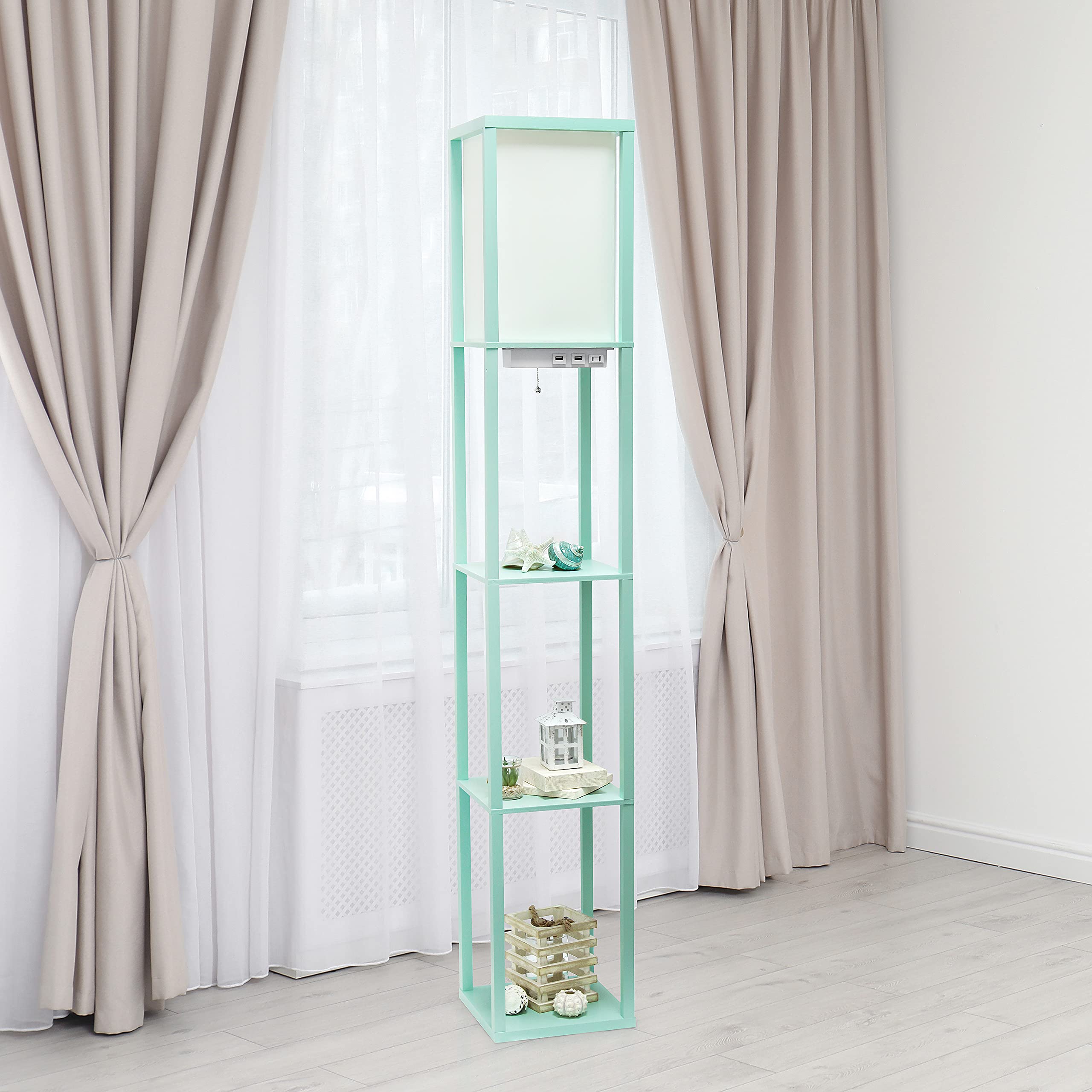 Simple Designs Lf1037-Aqu Floor Lamp Etagere Organizer Storage Shelf With 2 Usb Charging Ports, 1 Charging Outlet And Linen Shade, Aqua