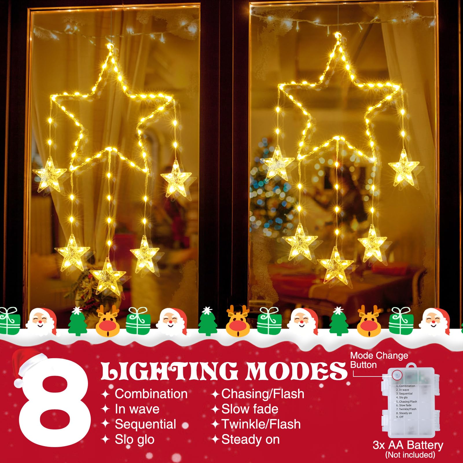 Marchpower Led Christmas Window Star Lights - 2Pack Dreamy Catch Star Decoration Battery Operated 8Modes With Timer Hanging Xmas Lights For Indoor Outdoor Glass Window Wall Wedding Party Holiday Decor