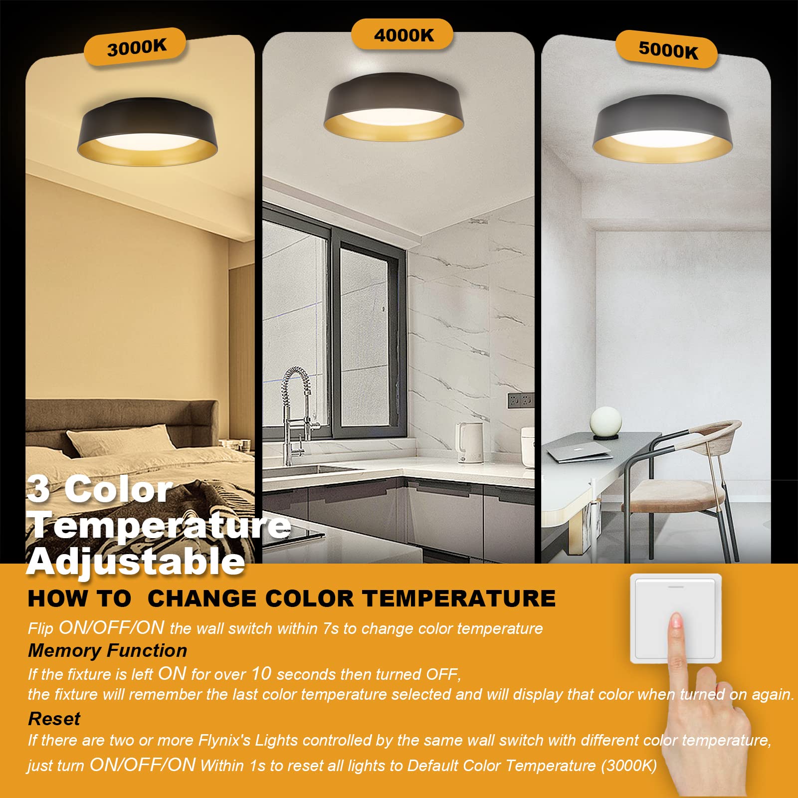 Flynix 12.5 Inch Led Flush Mount Ceiling Light Fixture, 26W, Super Bright 1350 Lumen, 3 Color 3000K/4000K/5000K, Matt Black With Gold Inside, Dimmable Ceiling Lamp For Bedroom Hallway Bathroom Outdoor