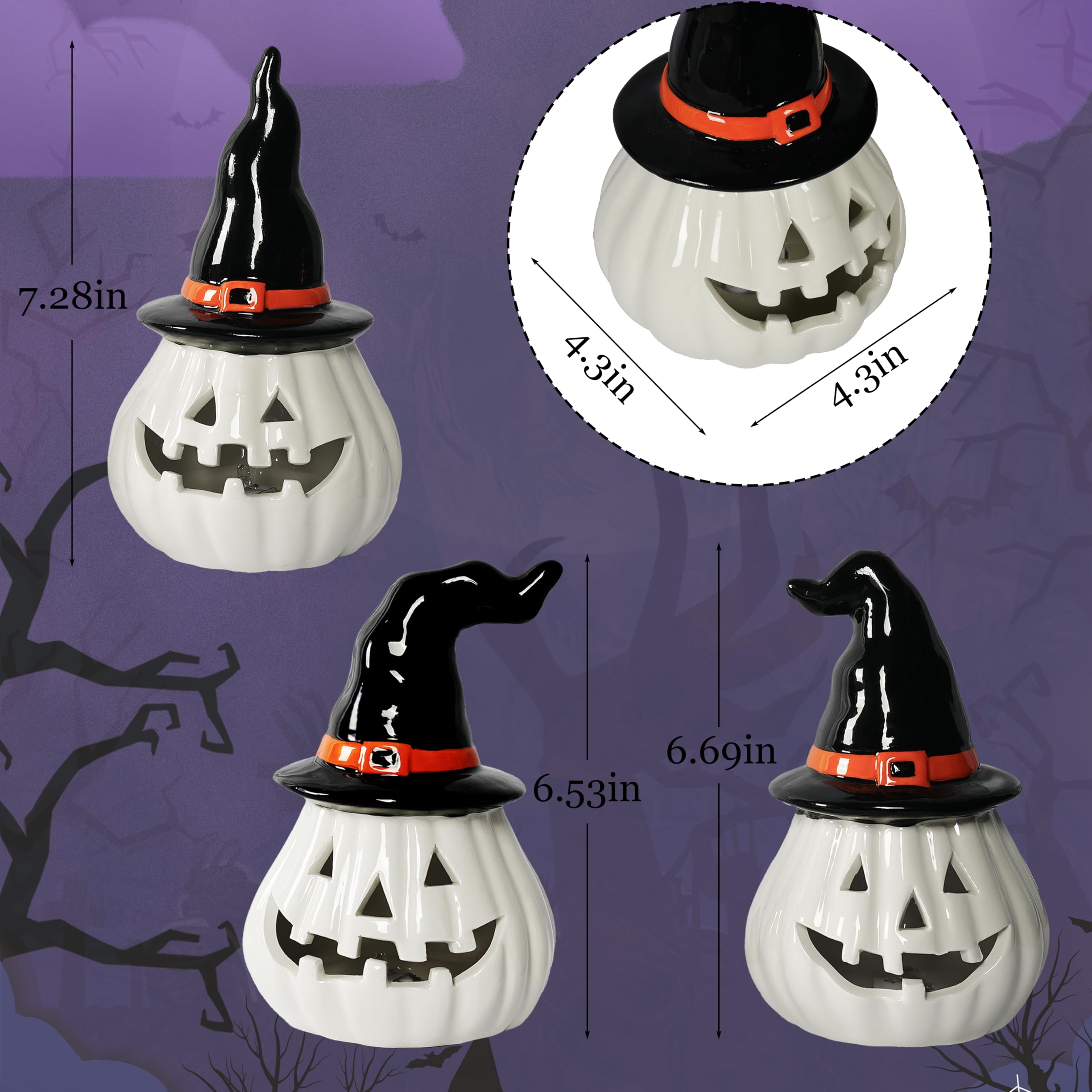 Nerosun 3 Pack Halloween Light Up Pumpkin Decorations  Ceramic Battery Operated Lighted Jack O Lantern Figurines  Spooky Halloween Ornaments For Indoor Home Fireplace Tabletop Centerpieces