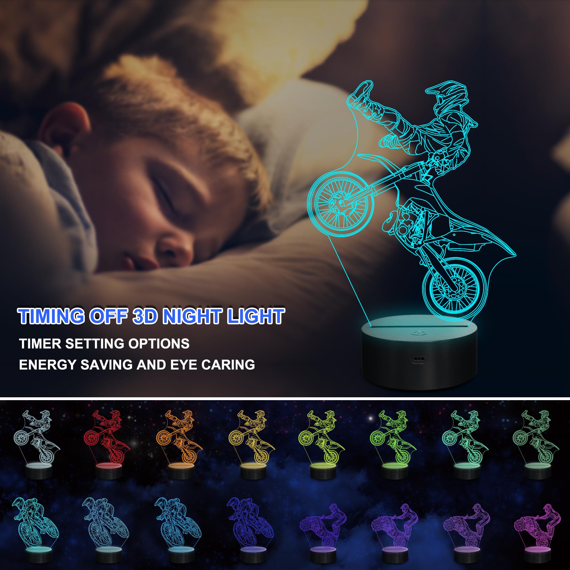 Ammonite Dirt Bike Gifts, 3D Illusion Motocross Night Light For Kids (3 Patterns) With Remote Control & 16 Colors Changing & Dim