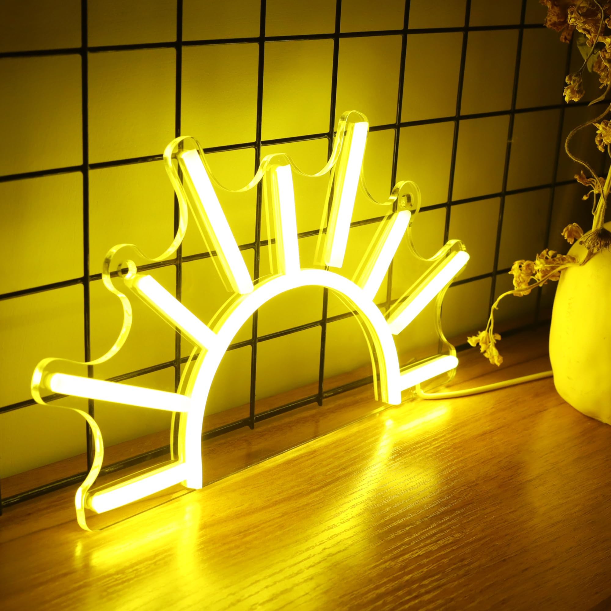 Attivolife Sunrise Neon Sign - Dimmable LED Acrylic Wall Decor, Golden Yellow, Model FS-2810-9999, Perfect for Home & Parties