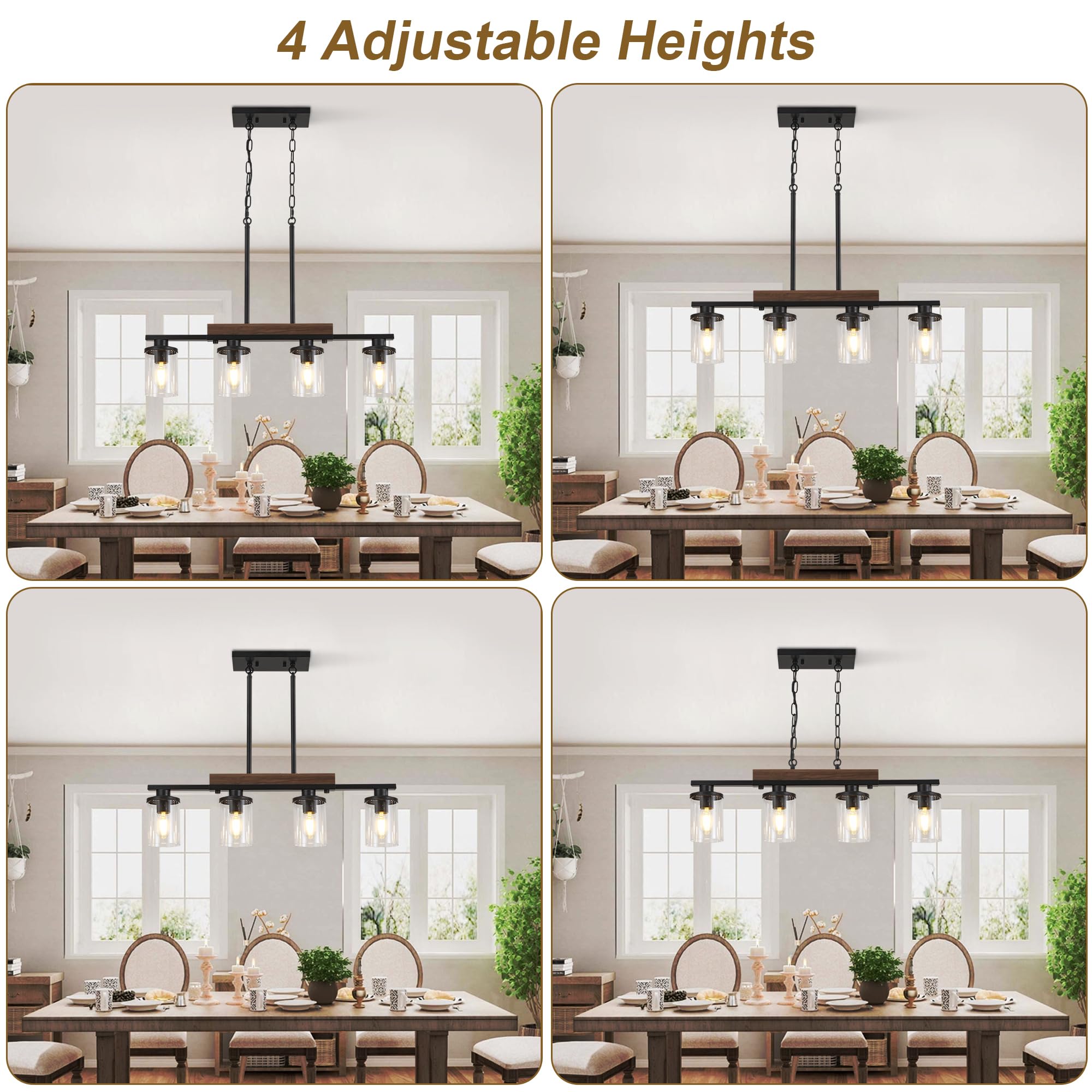 29.3'' Kitchen Pendant Lights, 4-Light Dining Room Light Fixture Chandelier Over Table, Black Modern Rustic Wood Ceiling Pendant