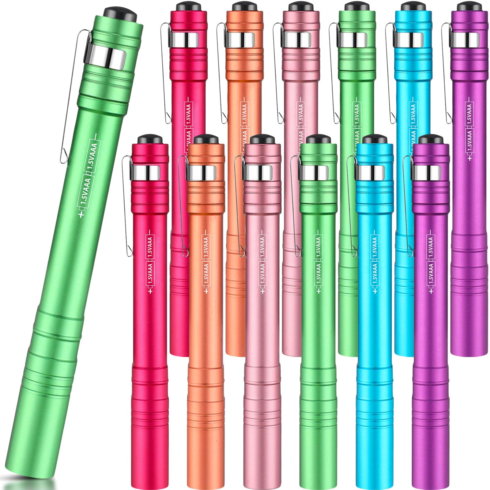 Tujoe LED Penlight 12 Pack, Aluminum Mini Flashlight with Clip, Colorful, Model SEW-Tujoe-1704 for Nurses, Camping, Hiking