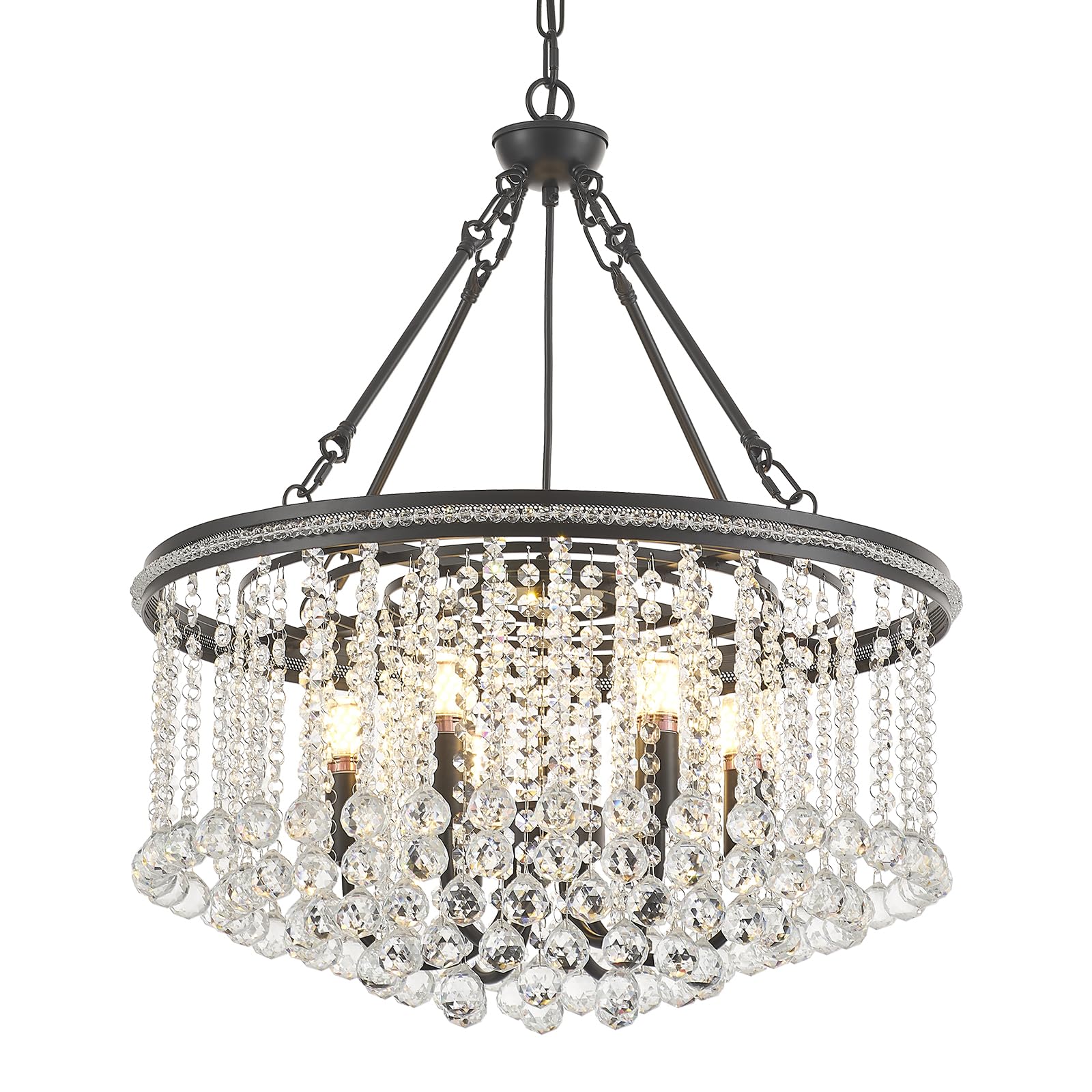 6-Light Black Crystal Chandelier Modern 21.6 Contemporary Round Pendant Chandeliers Crystal Ball stylish Ceiling Hanging Lighting For Living Dining Room Kitchen Island Bedroom Entryway Foyer