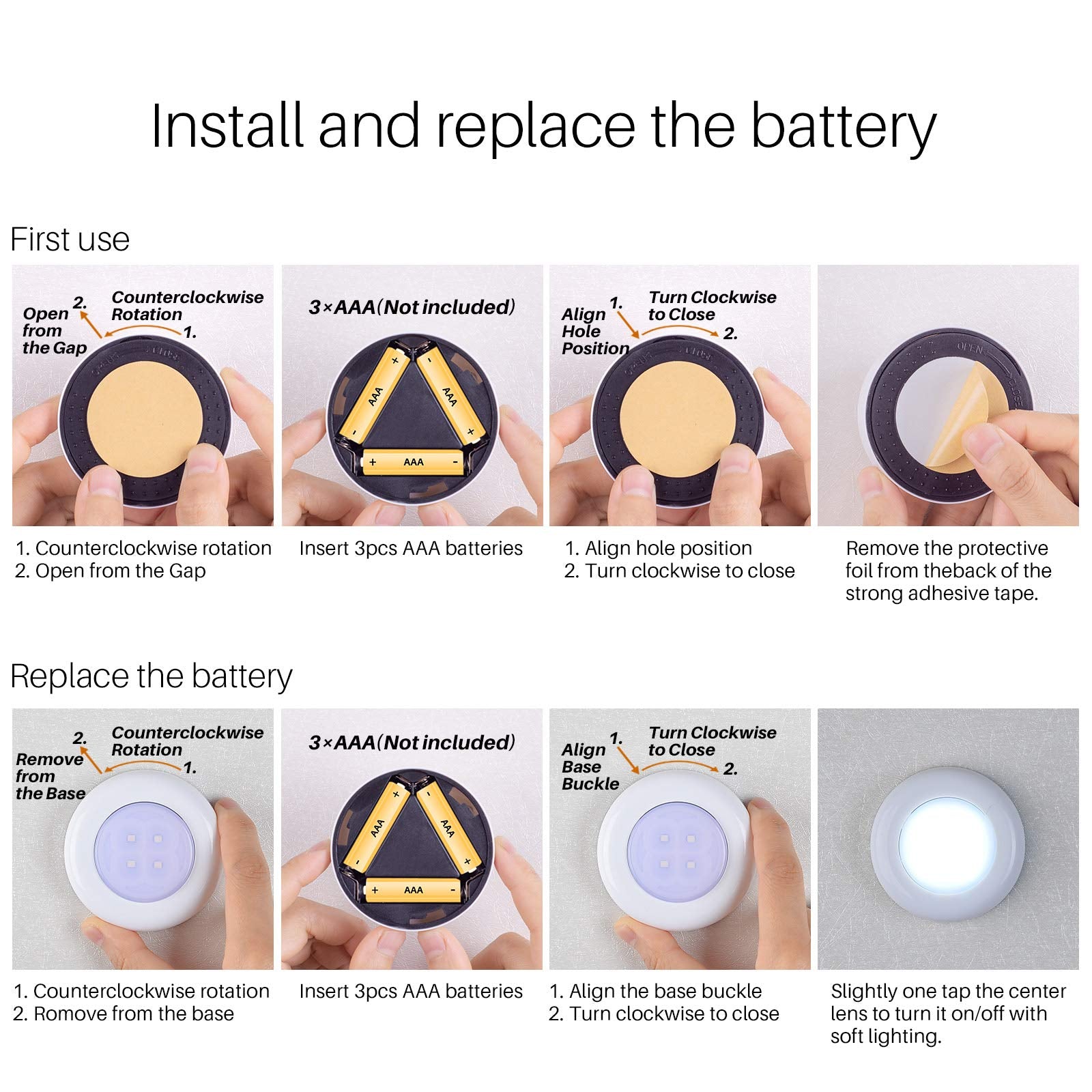 4 Led Push Tap Light - 7Cm Wireless Battery Operated Mini Night Light, White, Model Us-8016-Wh5, 5-Pack, Ideal For Cabinets And Closets