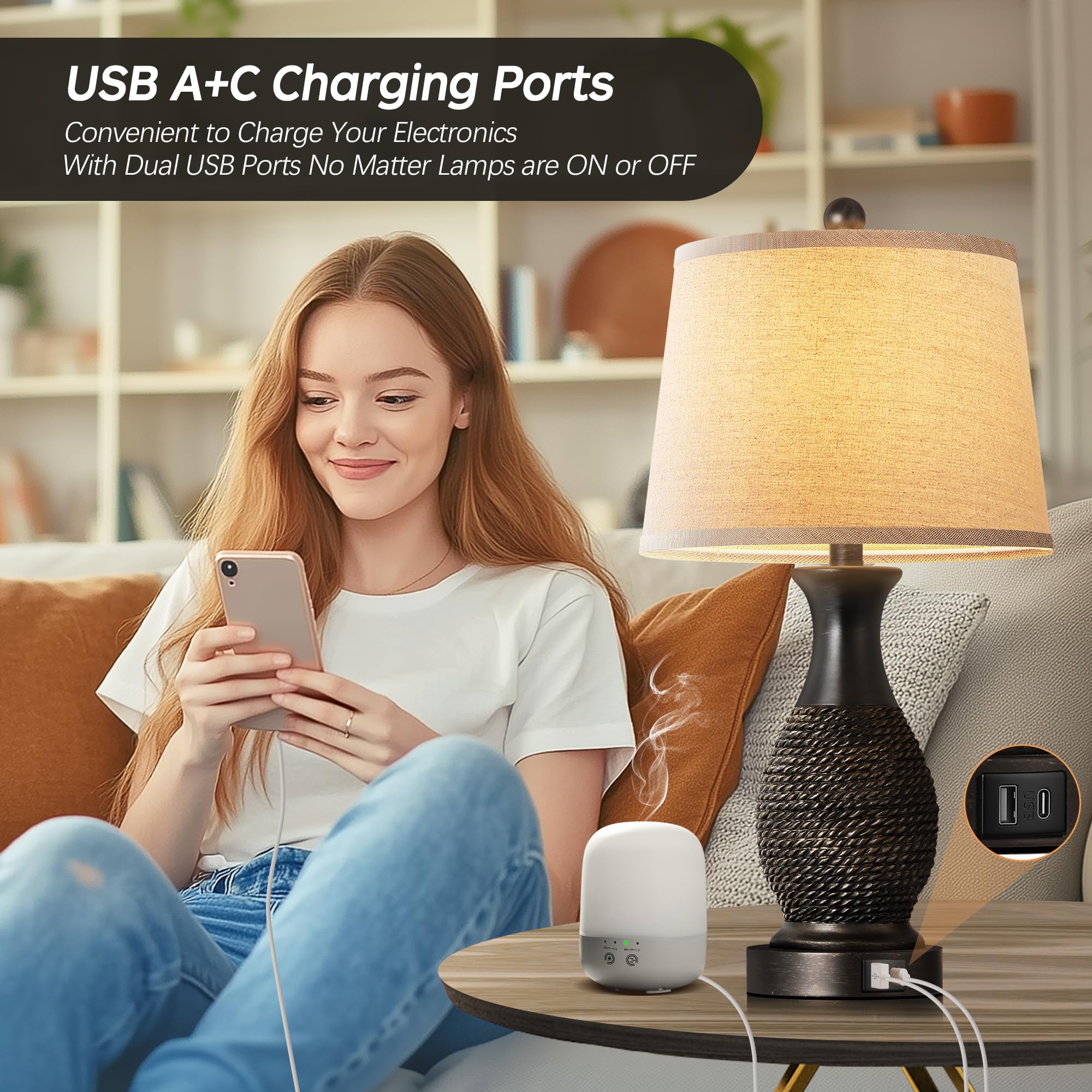 PARTPHONER Table Lamps Set of 2, Touch Control, USB Charging, Black 22.6" with Gold Accents, Linen Fabric Shade, LED Bulbs Included