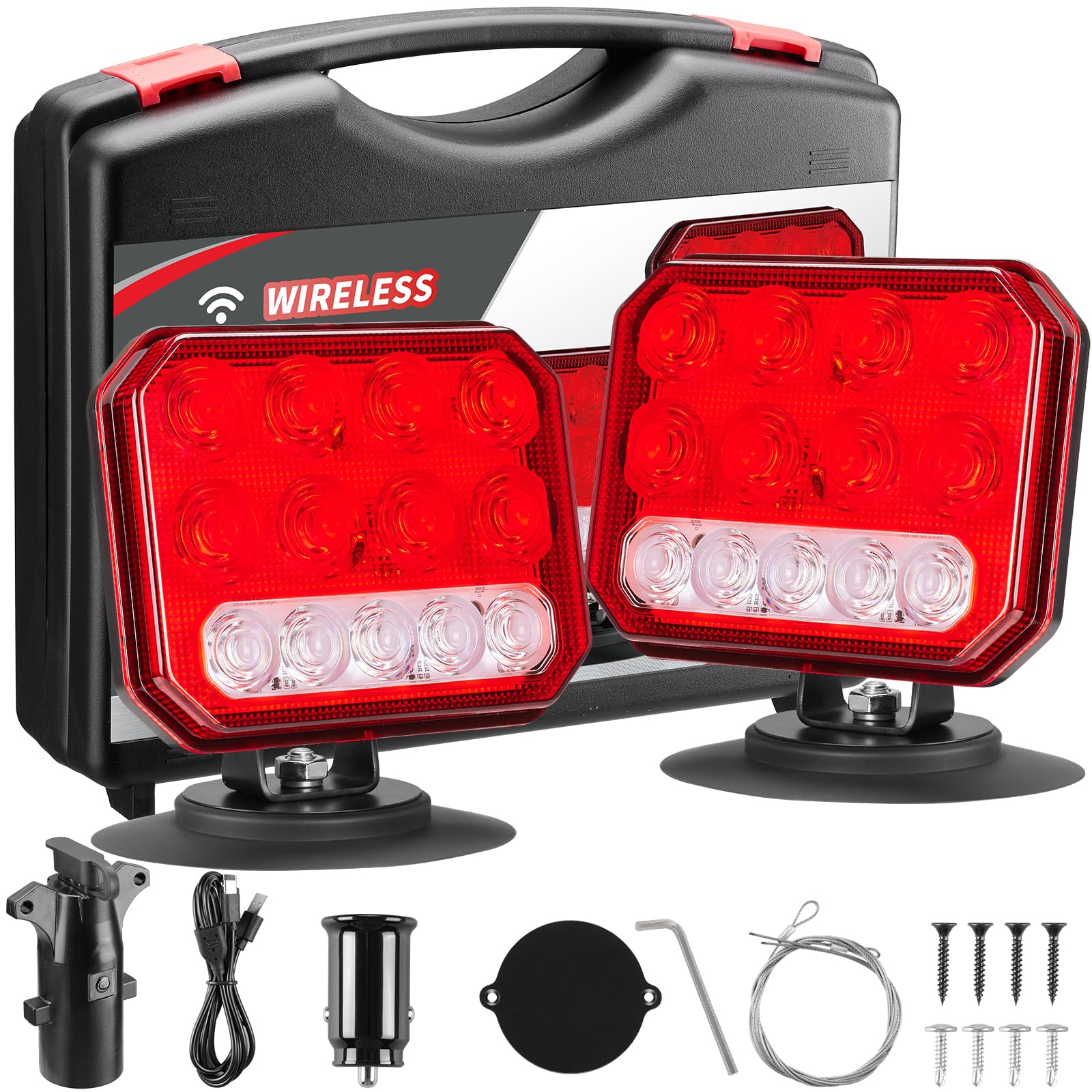 inhtgeas Wireless Trailer Lights - Dual Function Magnetic Tow Light with Strobe & Reverse Light, Model WTL5044, Red