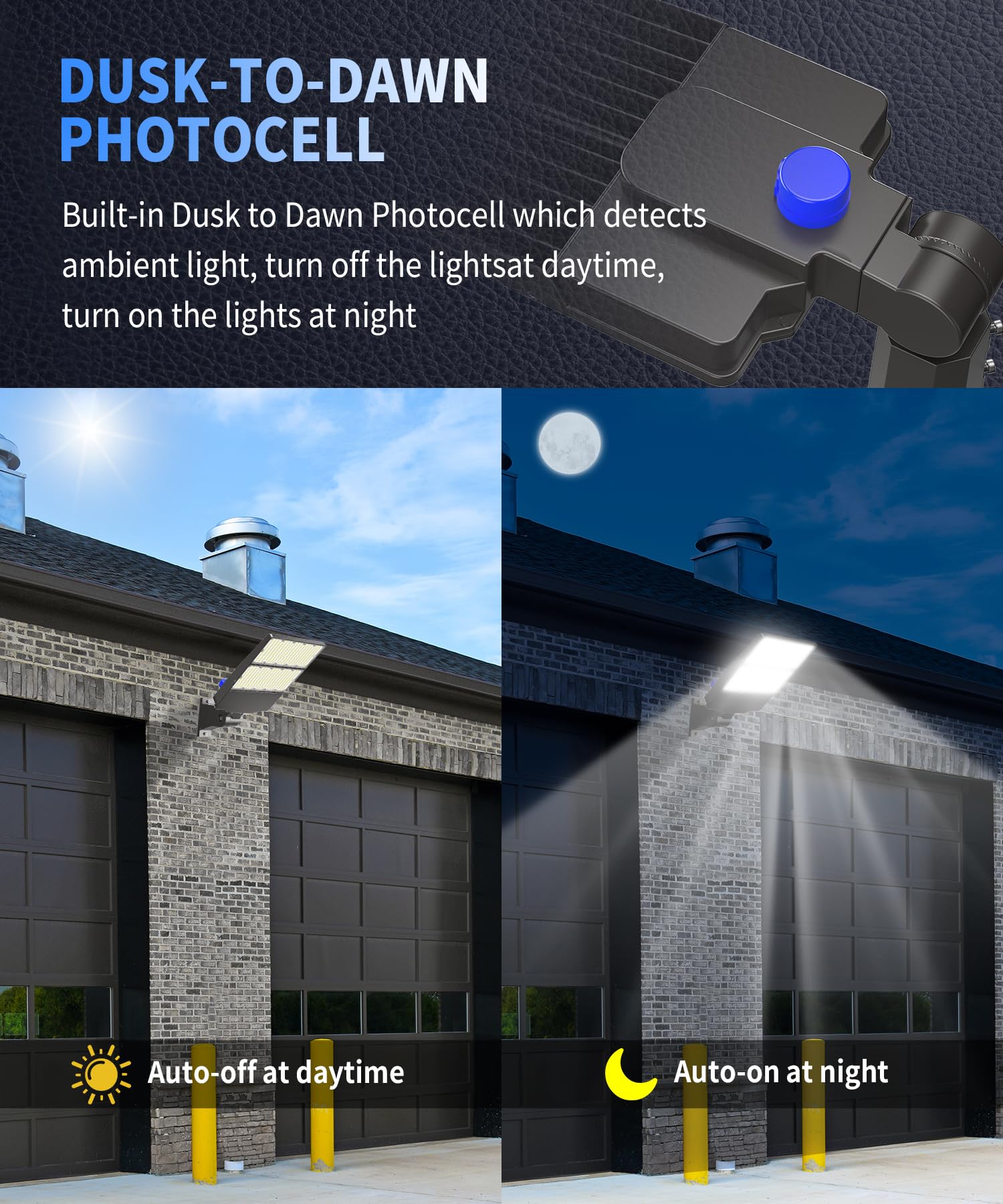Dimgogo 300W LED Parking Lot Light, 45000LM, Dusk to Dawn, IP66 Waterproof, Adjustable Arm Mount, Model SD300E, Wall Mount