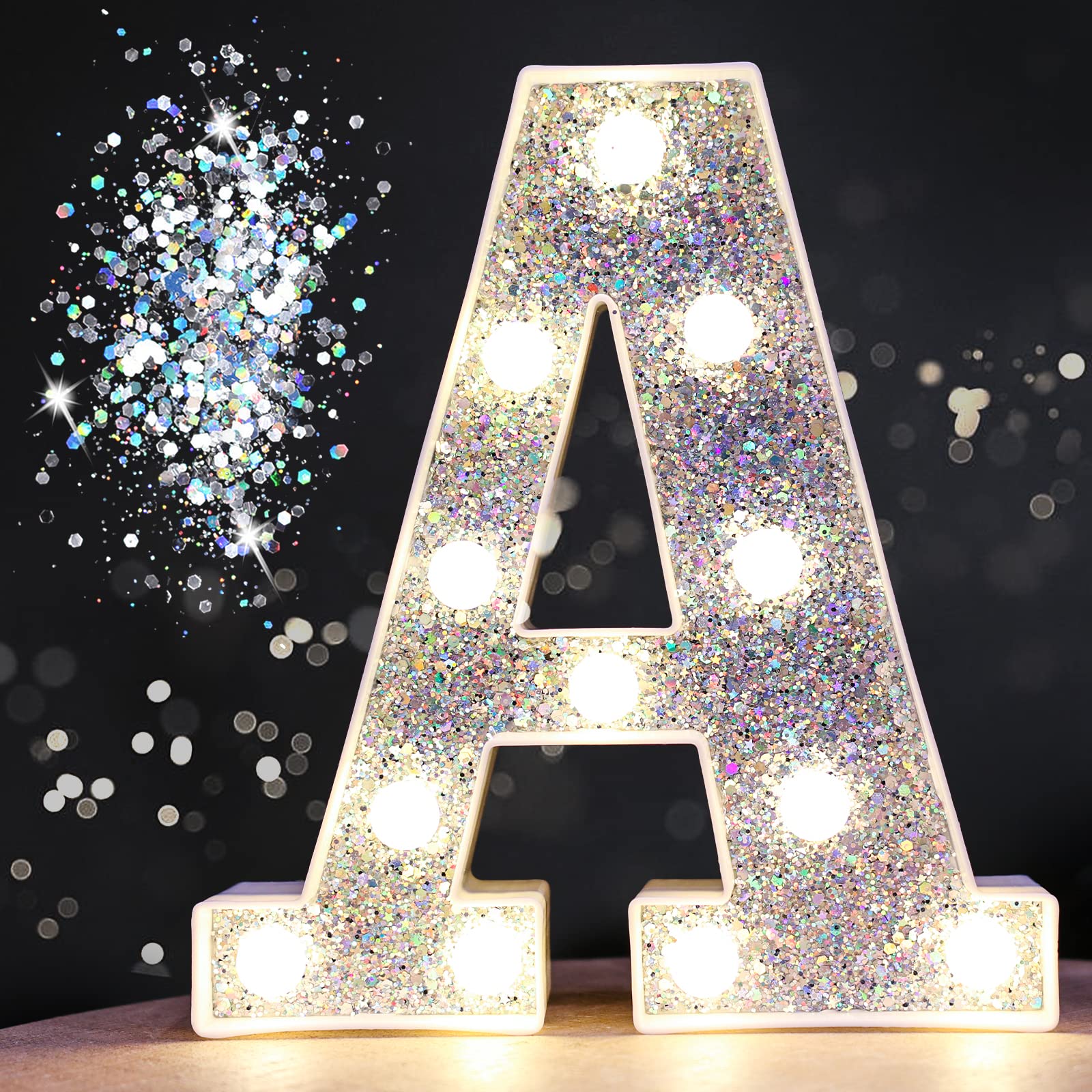 Pooqla LED Marquee Letter Light, Shiny Silver Letter A, Battery Powered Decorative Sign for Parties, Weddings, and Home Decor