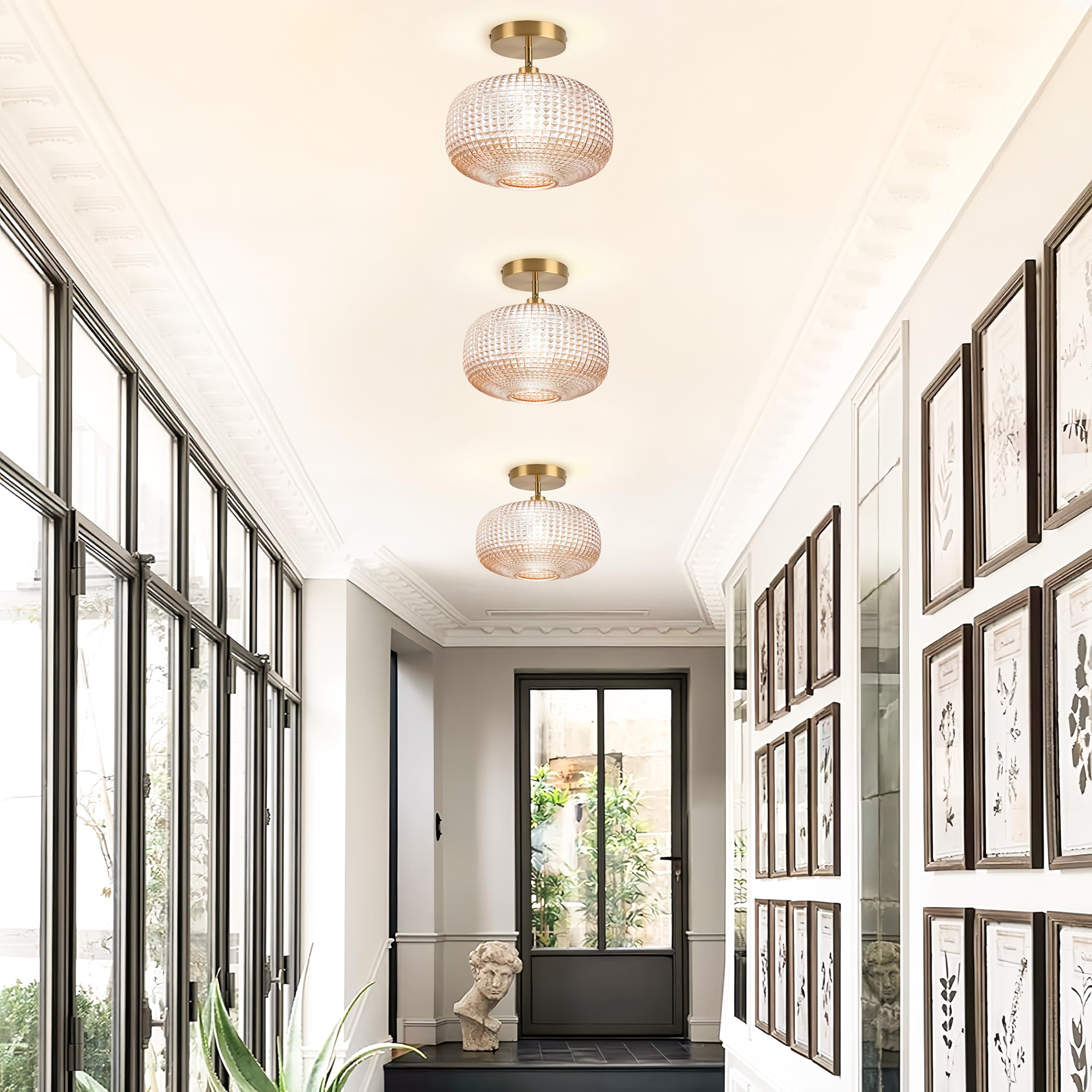 Jolydoly Semi Flush Mount Ceiling Light Vintage Small Ceiling Light Fixture Hallway Lighting Fixture With Amber Glass Shade Art Deco Kitchen Lighting Fixtures Ceiling For Bedroom Bathroom Porch