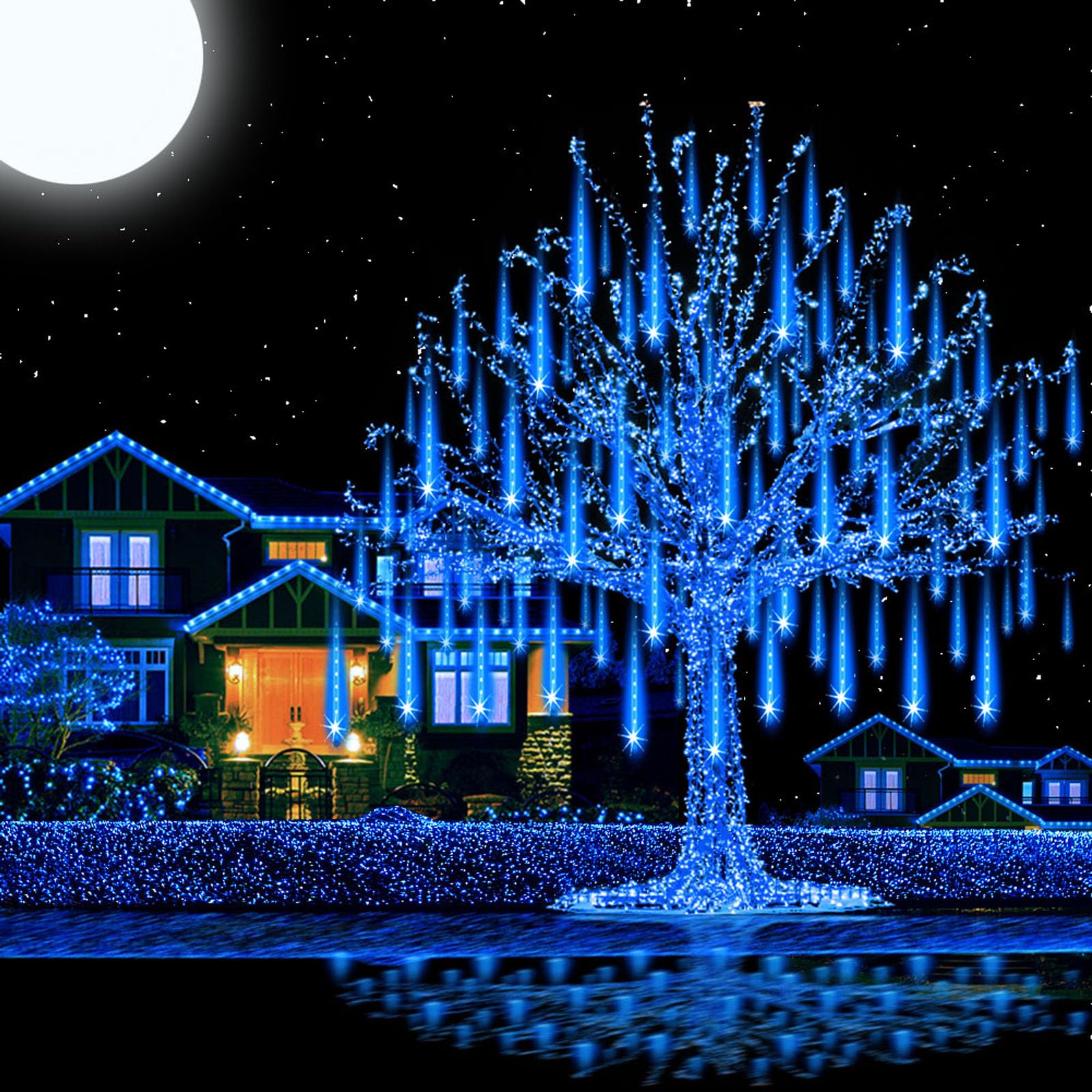 Aukora Blue Meteor Shower Christmas Lights, 24 Tubes, 576 LEDs, UL Plug, 46.4FT, Plastic Decor for Holiday Garden Party