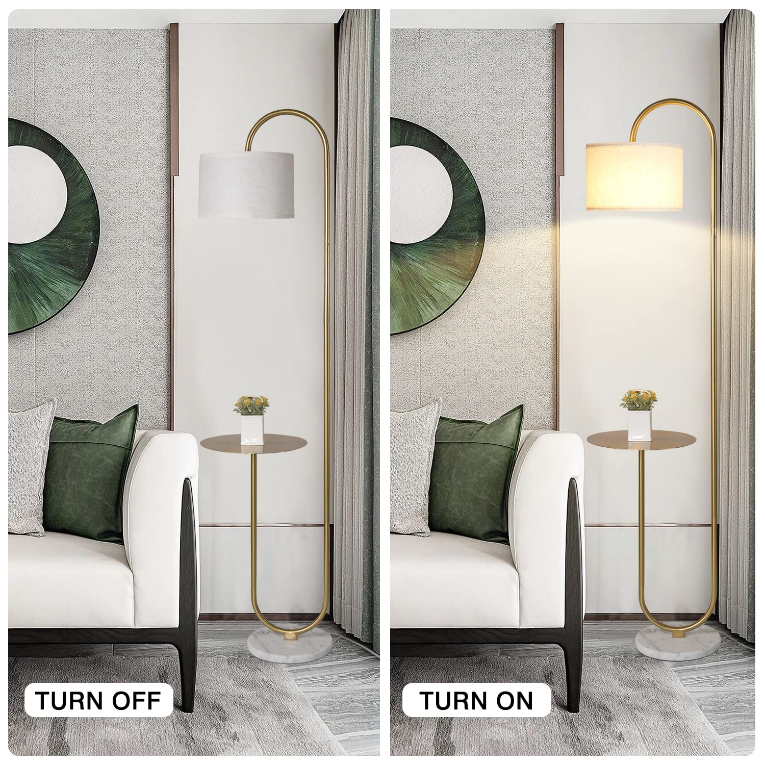 Hsyile Ku300271 Arc Floor Lamp With Hanging Drum Shade For Living Room-Marble Base Modern Tall Stand Up Light With Table, Contem