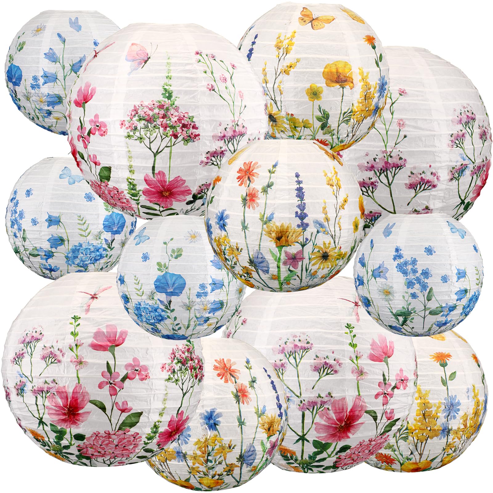 Baquler 12 Pcs Wildflower Paper Lanterns Party Decorations Watercolor Floral Hanging Lantern 3 Styles for Baby in Bloom Baby Sho