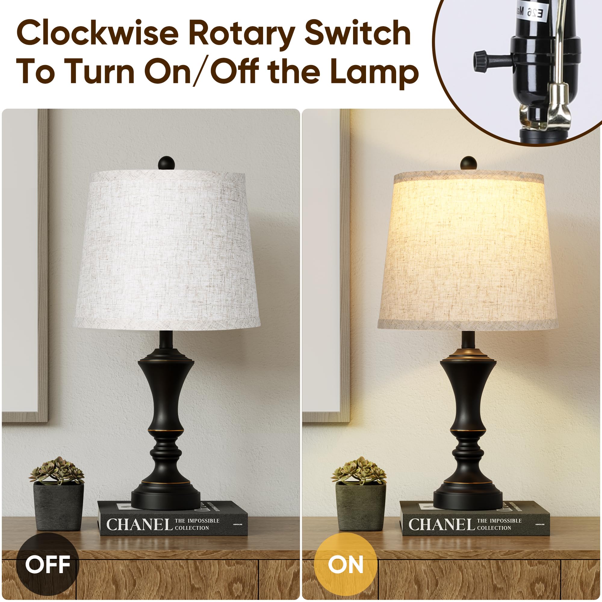 ROTTOGOON Retro Table Lamps Set of 2, Vintage Black Nightstand Lamps, 22" Bedside Lighting, Traditional Design, Model ROLP406AB2