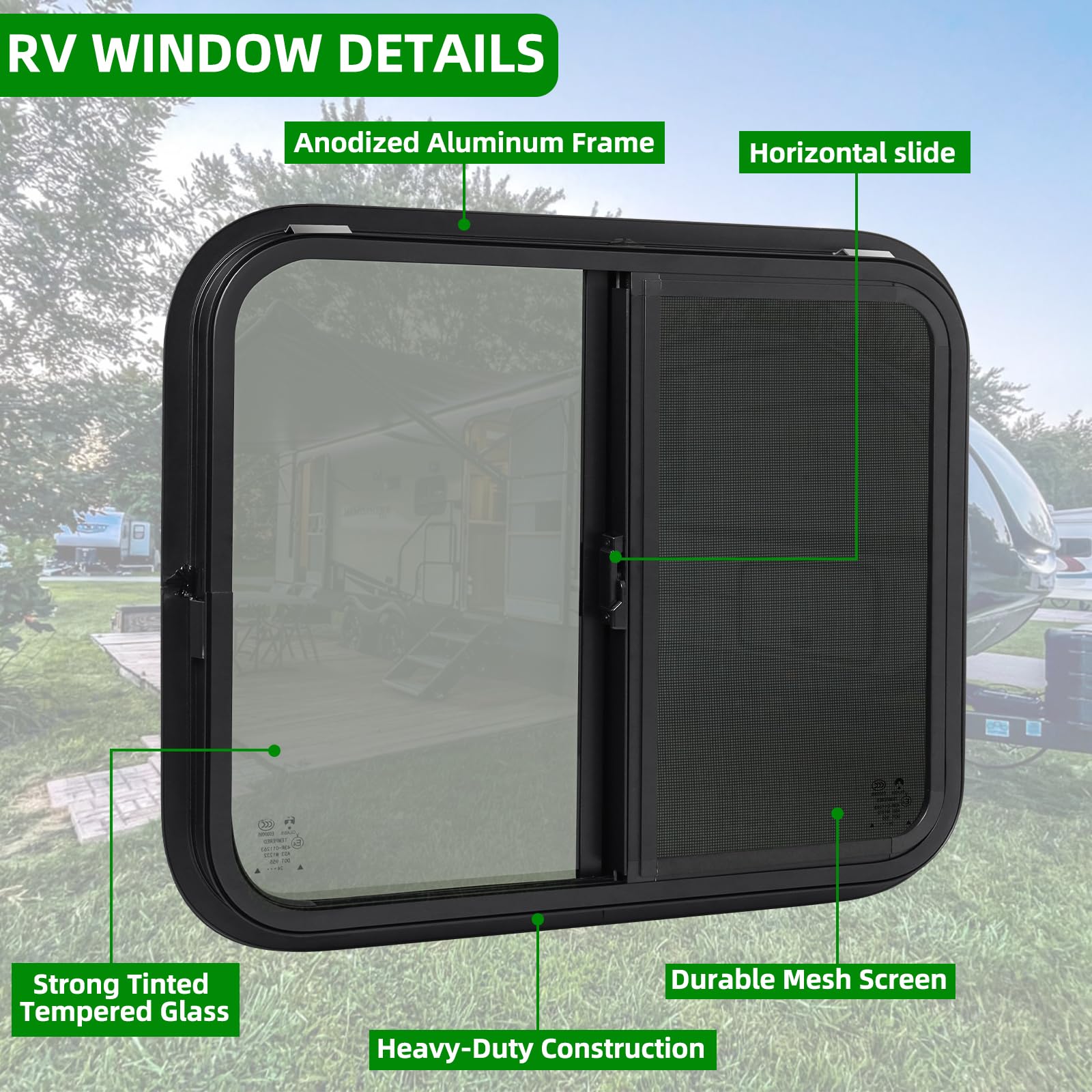 NOVINO RV Window Replacement - Horizontal Sliding, 30inW x 24inH, Black, Model NRW-006, Fits 15/16in or 1-3/8in Thick Wall