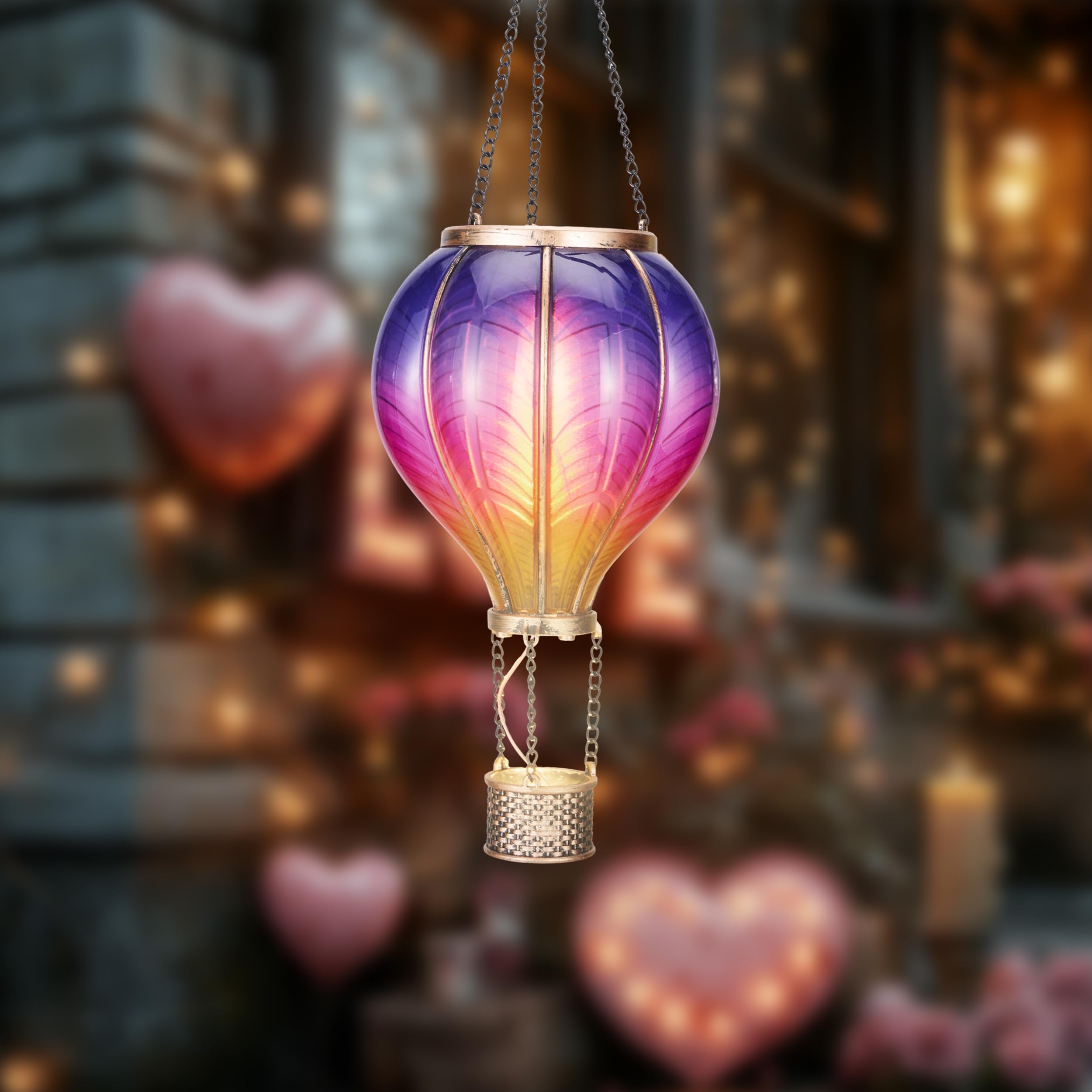 TeresaS Collections Hot Air Balloon Solar Lantern For Garden Decor  Flickering Flame Hanging Solar Light For Outdoor  Purple & Pink Plastic Lamp For Yard Tree Gift For Mom