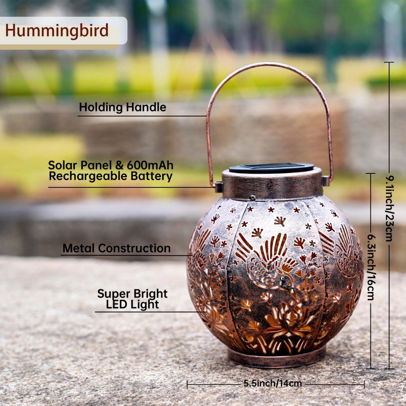 EXCMARK Outdoor Solar Hanging Lantern Lights LED Metal Decorative Lamp Bronze Hummingbird Floral Design for Garden Patio Table
