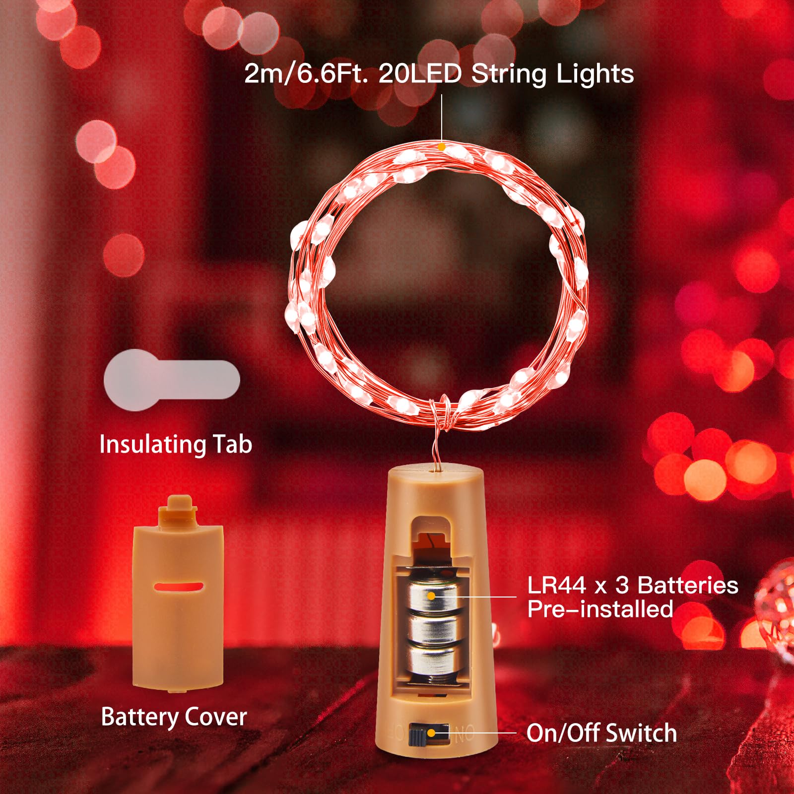 Brightown Wine Bottle Lights With Cork, 10 Pack 20 Led Waterproof Battery Operated Cork Lights, Silver Wire Mini Fairy Lights For Liquor Bottles Diy Party Bar Christmas, Red