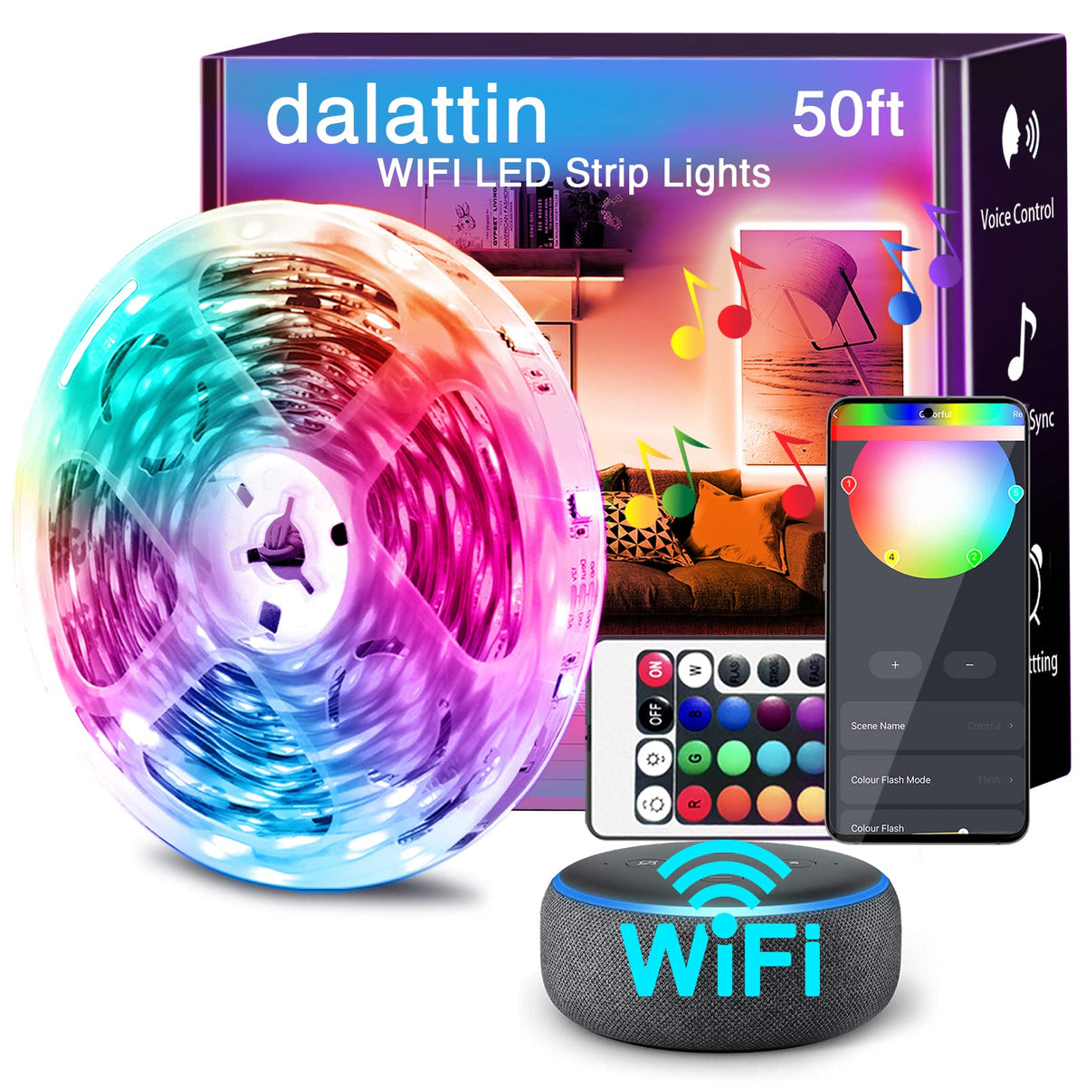 Dalattin Led Lights For Bedroom 50Ft Wifi Smart Led Strip Lights Works With Alexa And Google Assistant, Tuya App And Remote Cont