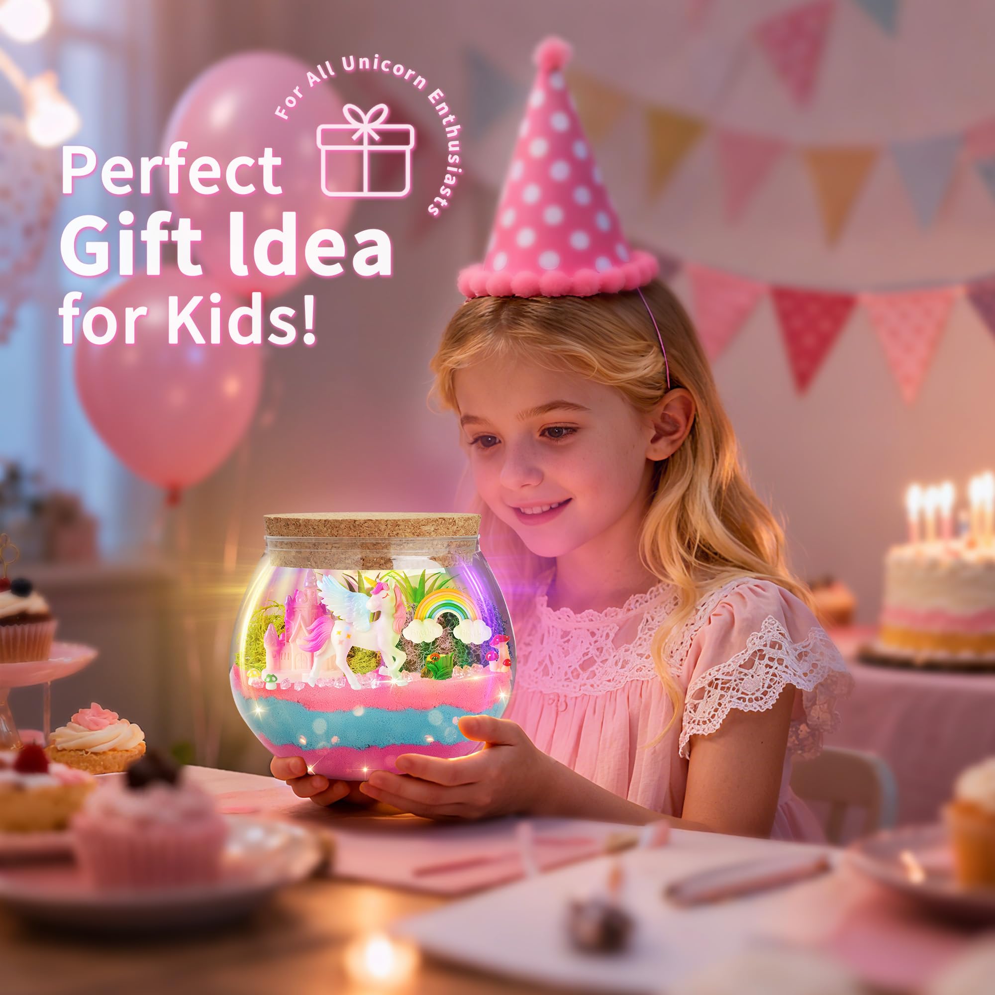 KACHUAN BEAR Unicorn Light-Up Terrarium Kit - DIY Craft with Stickers, 5.12" Pink, Ages 4-12, Model XS-002, LED Birthday Gift