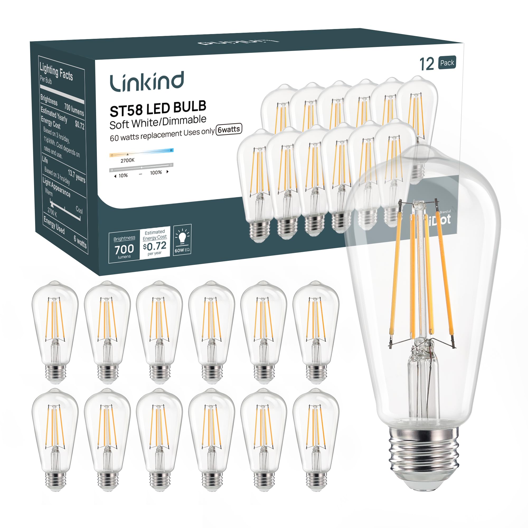 Linkind Edison LED Light Bulbs ST58, 6W 700LM, Dimmable Vintage, Soft White, 12 Pack, Clear Glass, Antique Decorative