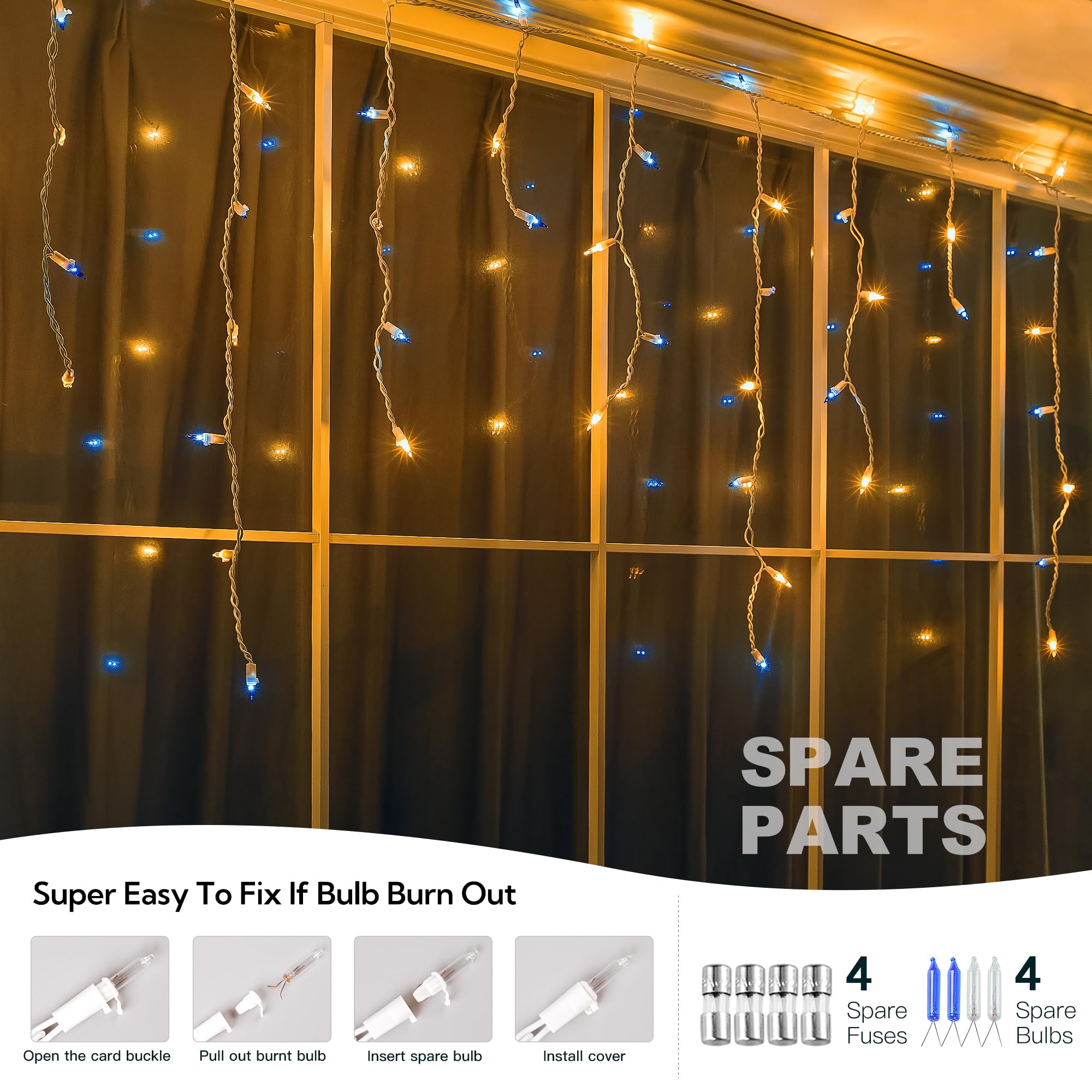 Beewin 200Ct Blue&Clear Mini Icicle Christmas Lights, 23Ft White Wire Incandescent Bulb String Lights, Connectable Indoor Outdoo