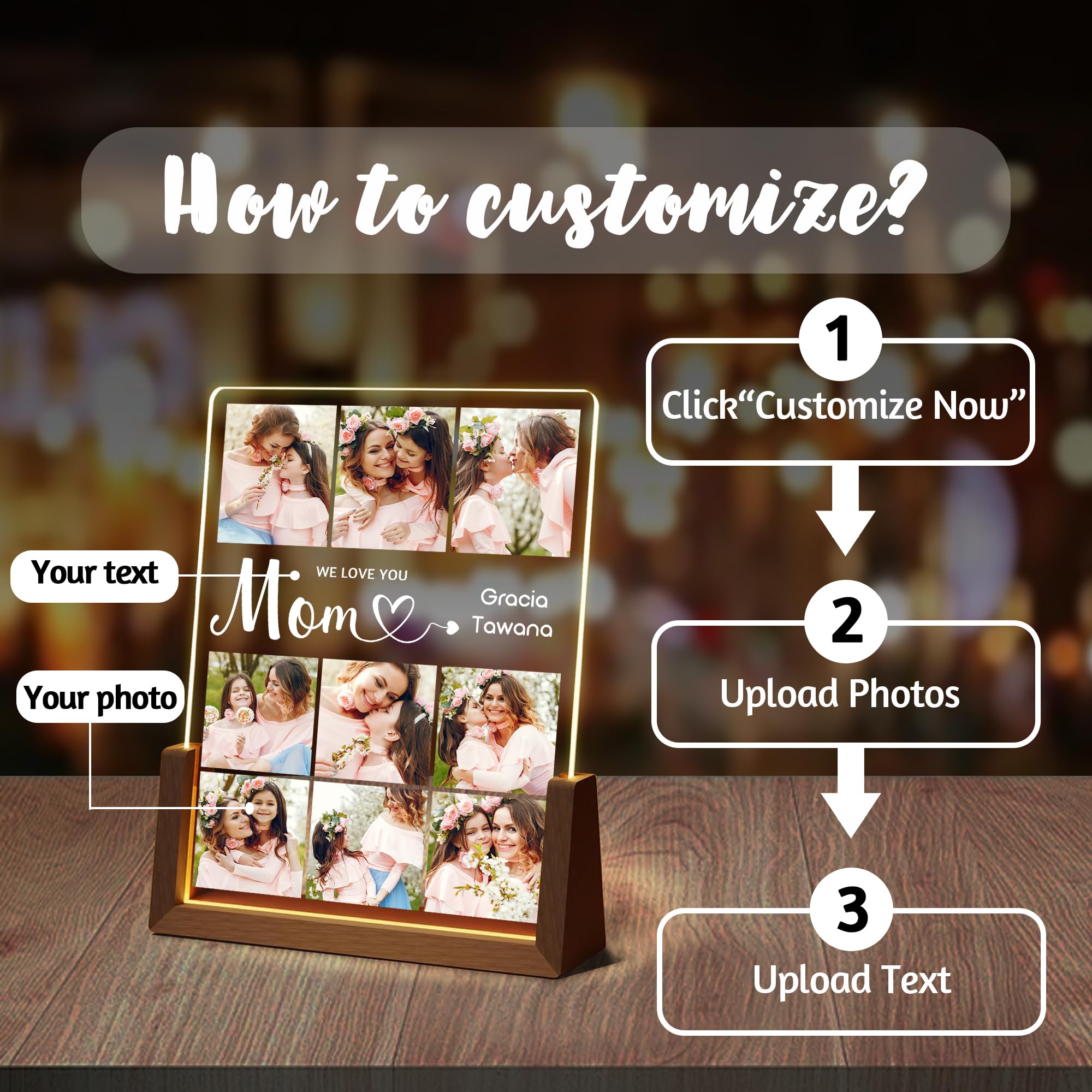 Maiwell Personalized Mothers Day Birthday Gifts For Mom Grandma Wife  Custom Mom Gifts From Daughter Son Husband  Light Up Picture Frame Acrylic Night Light With Photo Name Christmas Gift For Women