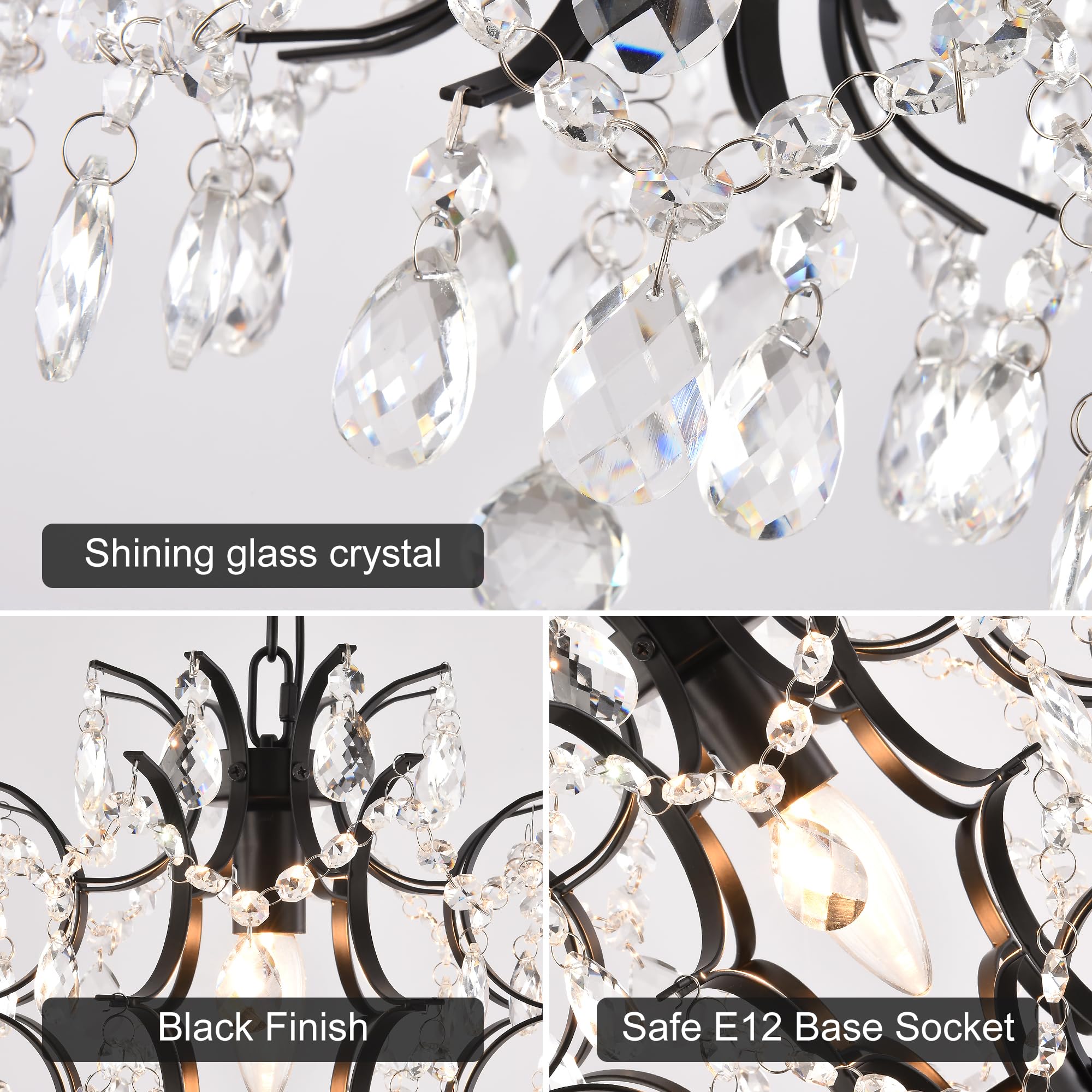 Modern Mini Crystal Chandelier, Iron Black Crystal Raindrops Design Small Chandelier Light Fixture, Flush Mount Ceiling Light Fi