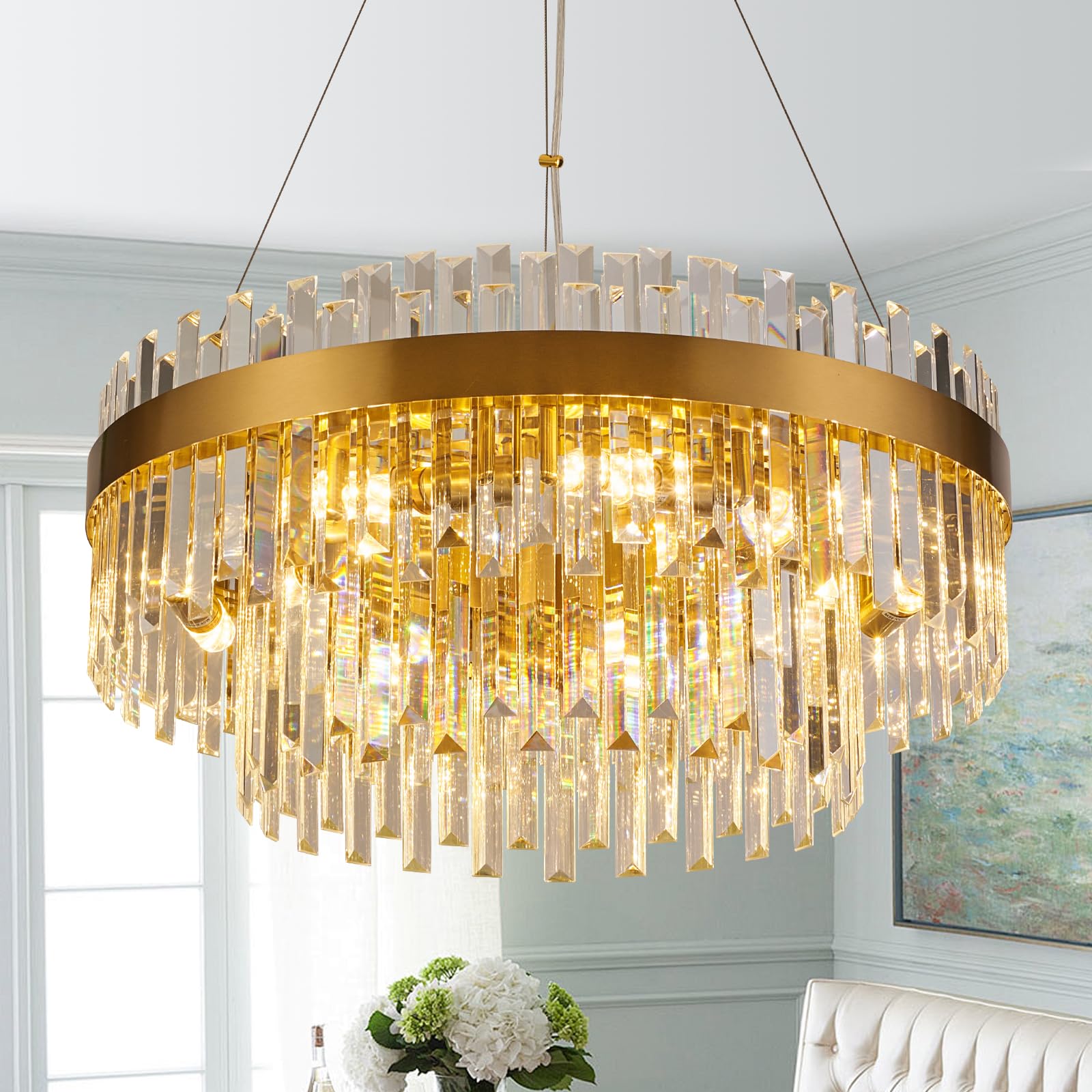 Pafee 24 Inch Modern 9-Light Gold 2-Tier Crystal Chandeliers E12 Adjustable Pendant Light Fixture For Dining Room,Living Room Ki