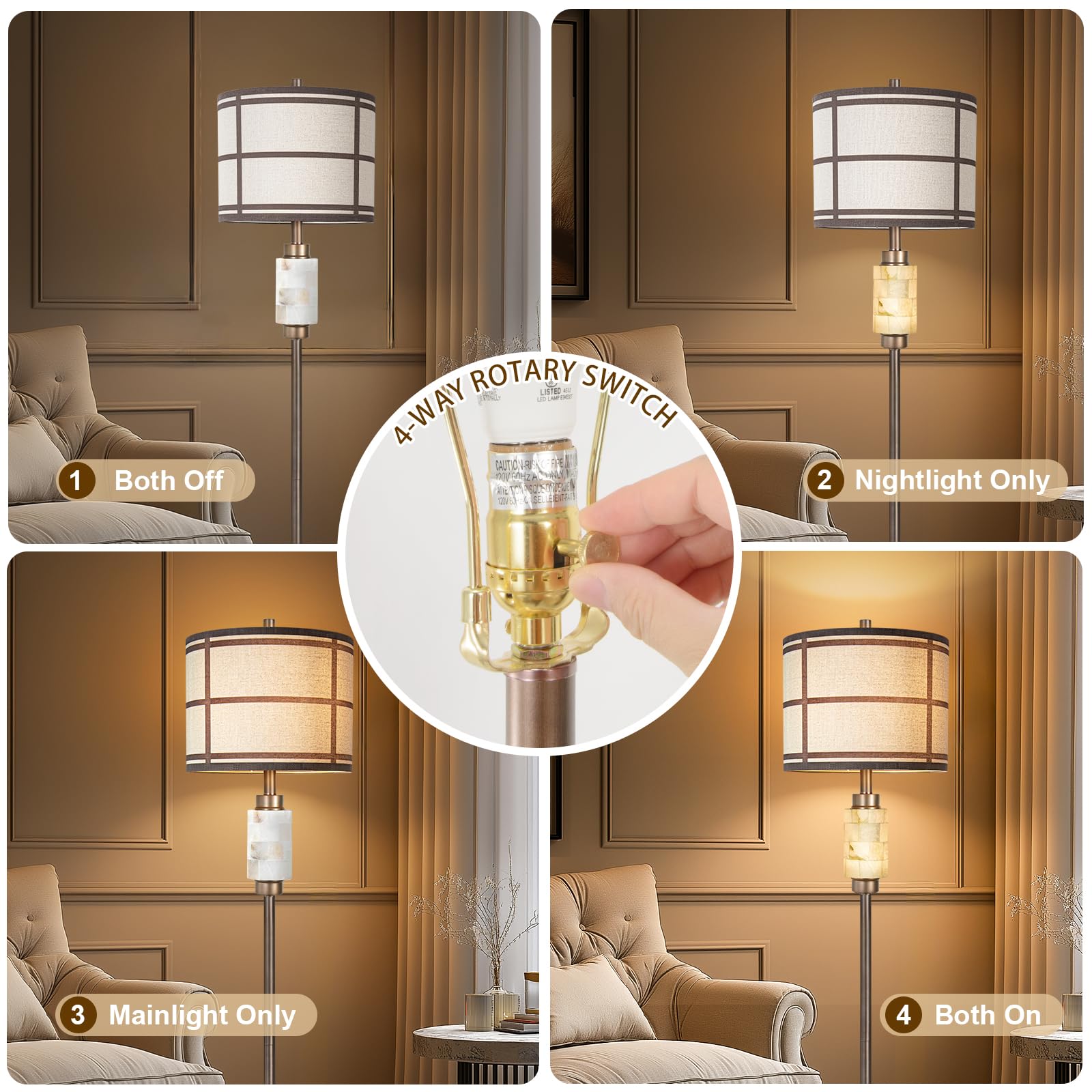 Natural Alabaster Modern Floor Lamp With Night Light,Rustic Floor Lamp For Living Room,Marble Base Tall Lamps With Linen Fabric