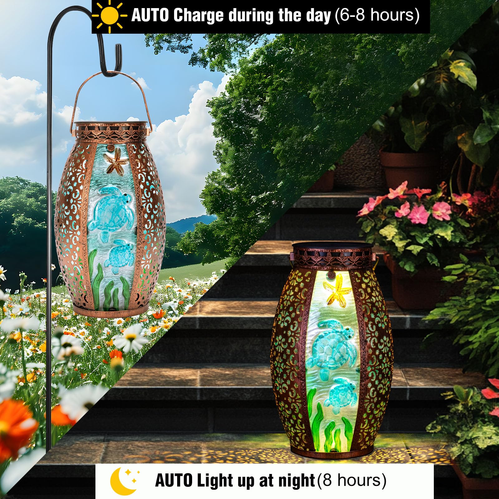 Outdoor Solar Lantern-Waterproof Turtles Hanging Metal Decorative Lights For Patio Table Garden Pathway Yard With Super Bright W