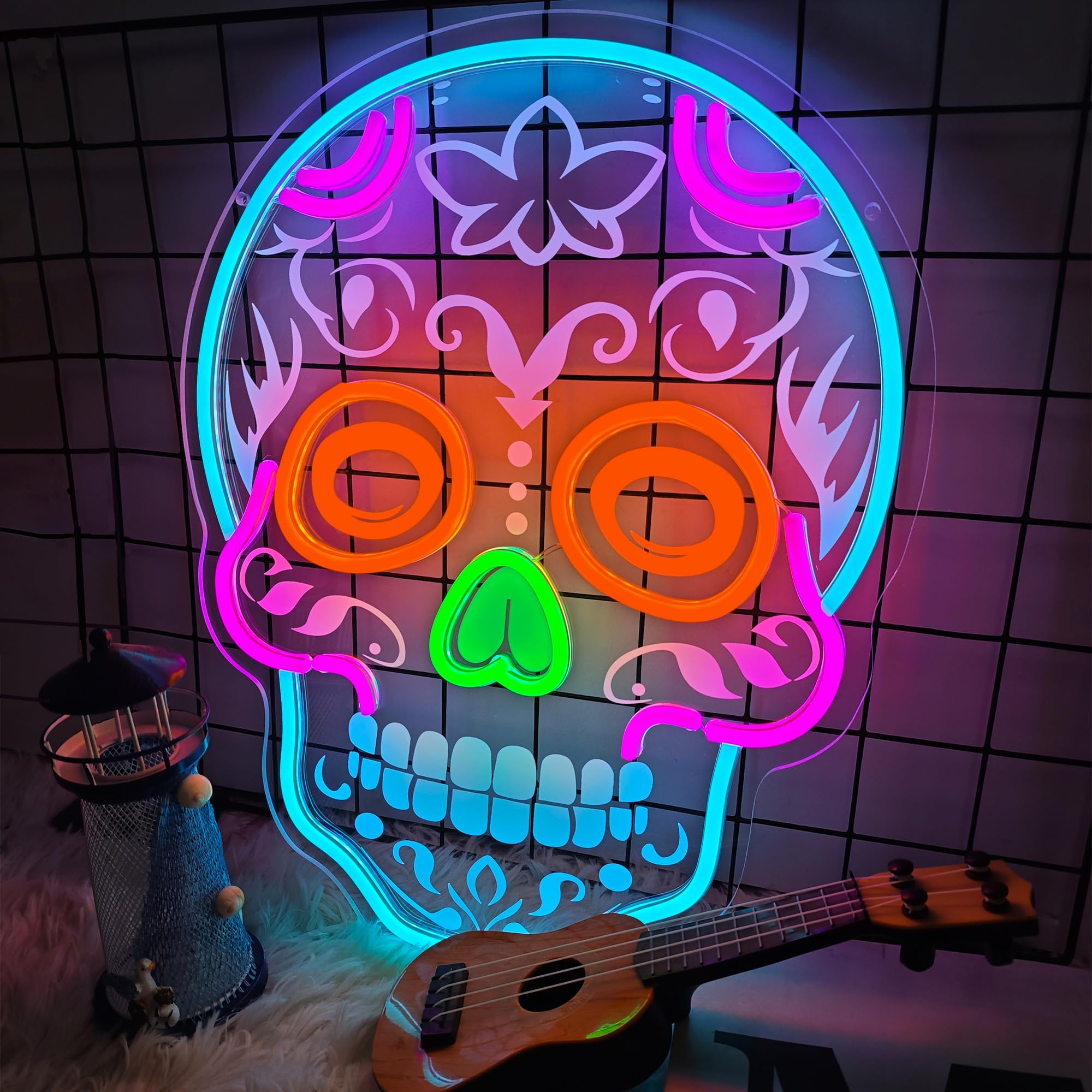 Skull Neon Signs For Bedroom Dimmable Neon Light Uv Printed Skull Signs Led Light For Man Cave malt-inspired Bar Club Game Room Party Decor Gifts  16.5X12.8