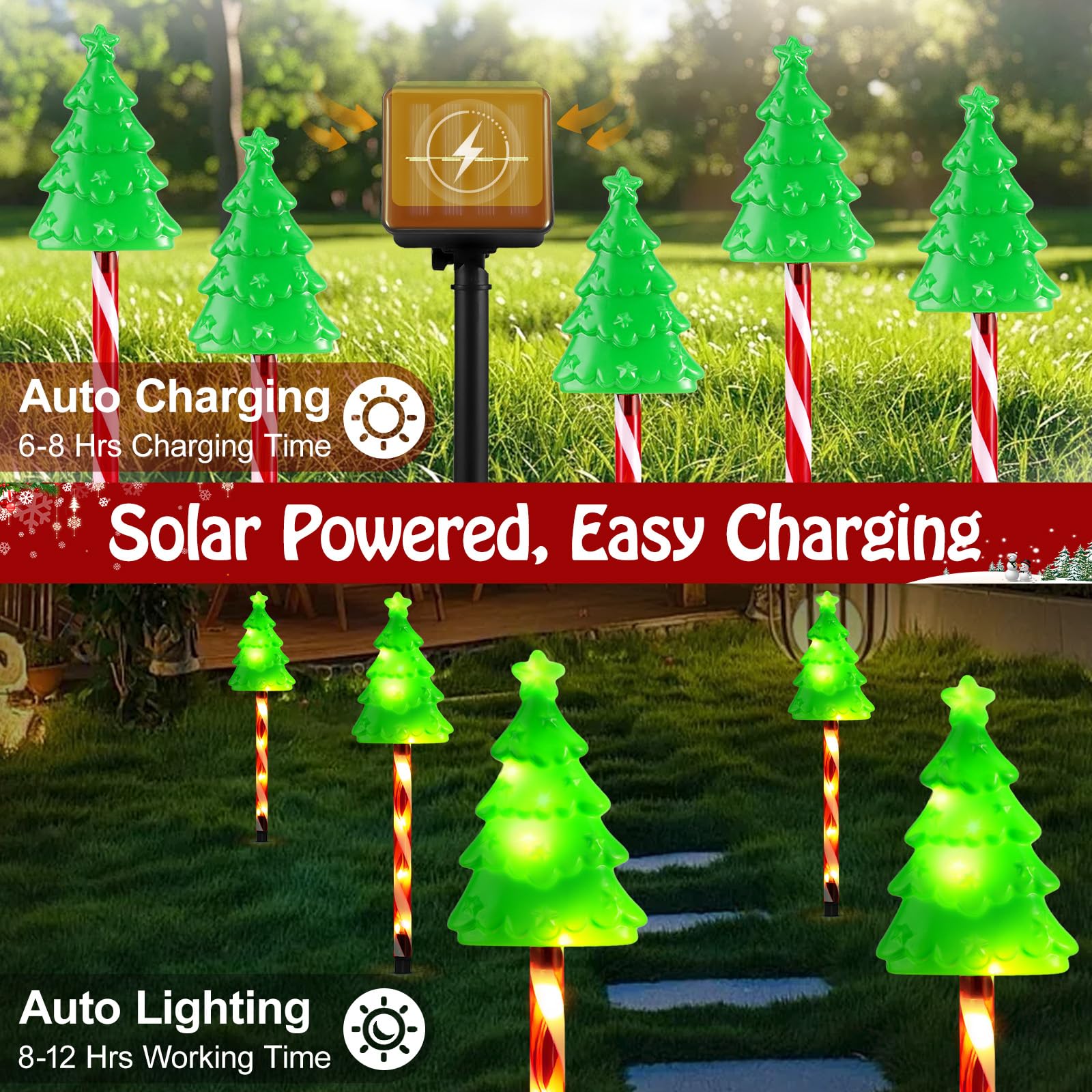 Lewondr Solar Christmas Pathway Lights, 5 Pack, Warm Light, Waterproof, Model HD250153, with Red Pole and Garden Stake