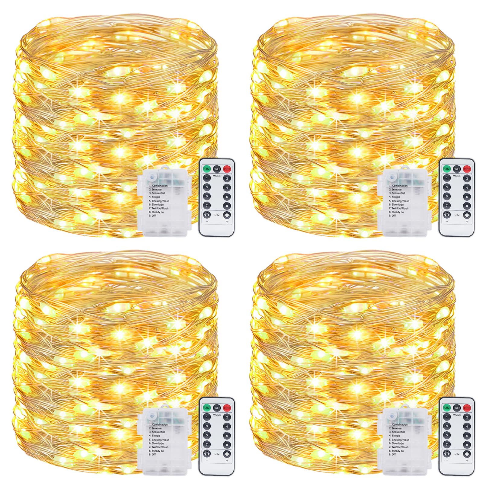 4 Pack Fairy Lights Battery Operated with Remote, Each 39Ft 120LED Battery Powered String Lights with Timer, 8 Modes Waterproof Twinkle Christmas Lights for Bedroom Party Indoor Mason, Warm White