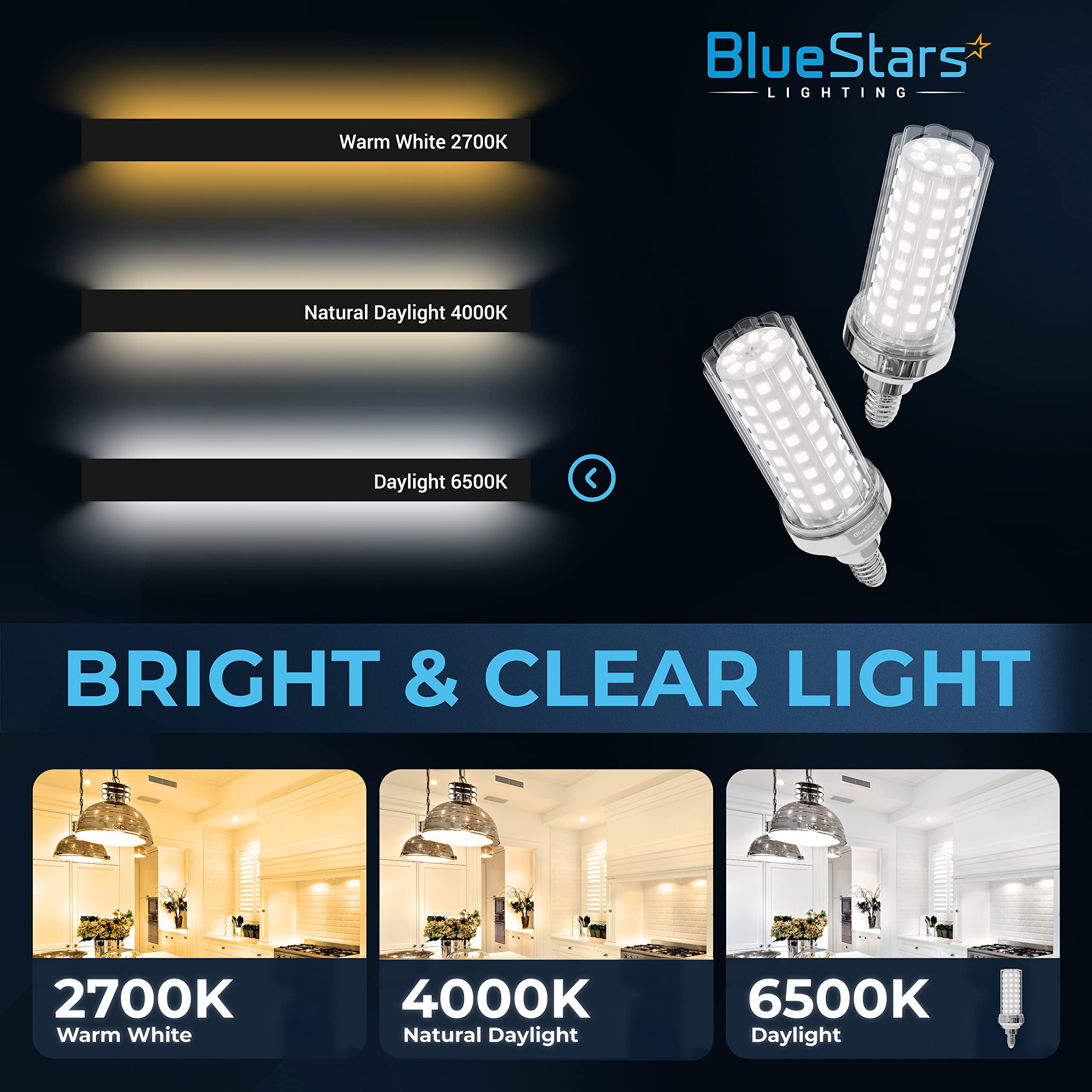 BlueStars 4 Packs E12 20W LED Corn Light Bulbs [4.5in], Candelabra Base 150W Equivalent 6500K Cool Daylight Blue White 1600 lume