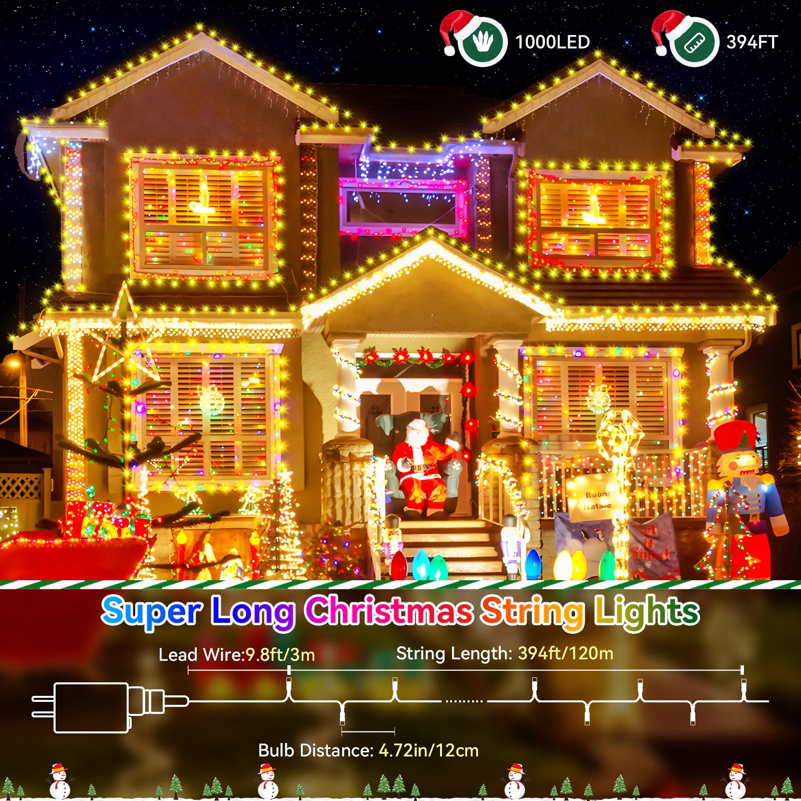 Heceltt 1000 LED Christmas Lights Outdoor, 403FT, Warm White, 8 Modes, Timer, IP44 Waterproof, Model HECE-ST82