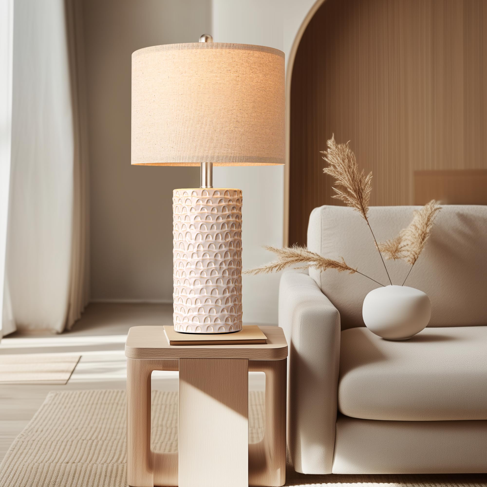 PARTPHONER Modern Ceramic Table Lamp Set of 2, Beige and White, Rustic Farmhouse Design for Living Room and Bedroom, Model STR-DL-0005