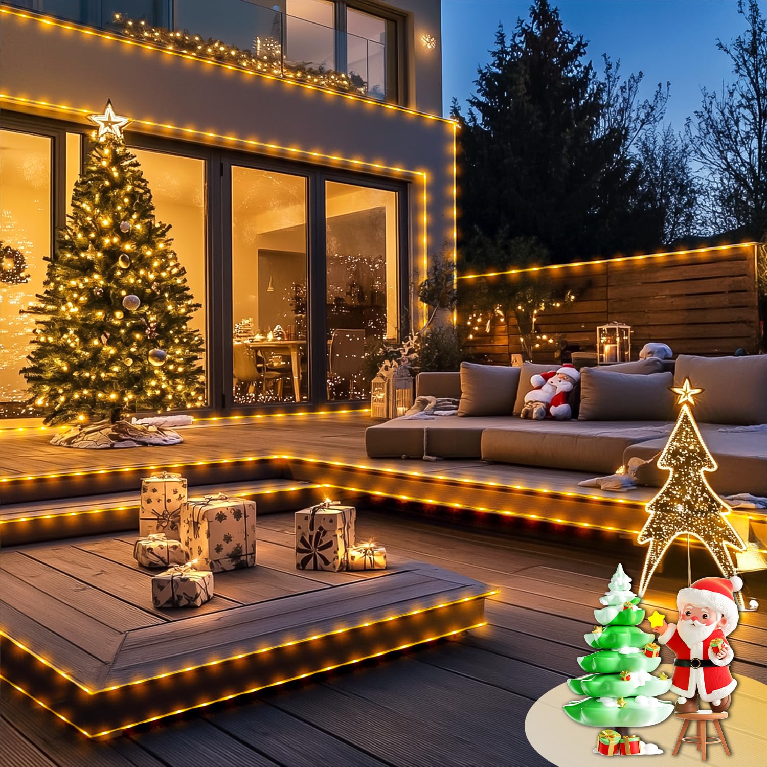Potive 66Ft Battery Powered String Lights, 2 Pack Total 200 Led Outdoor Battery Operated Light, 8 Modes Battery Operated Rope Lights For Christmas Garden Walkway Patio Decorations (Warm White)