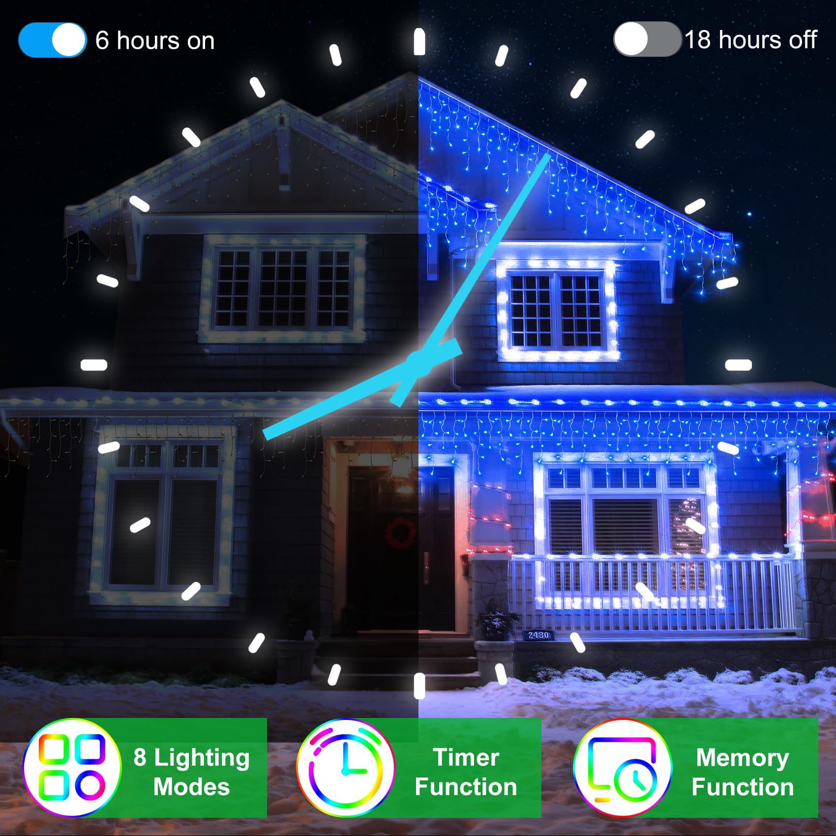 WUXYIYANG 648 LED Outdoor Christmas Lights, 66FT Waterproof Curtain String, 8 Modes, Blue, Model WX-648L, 144 Drops