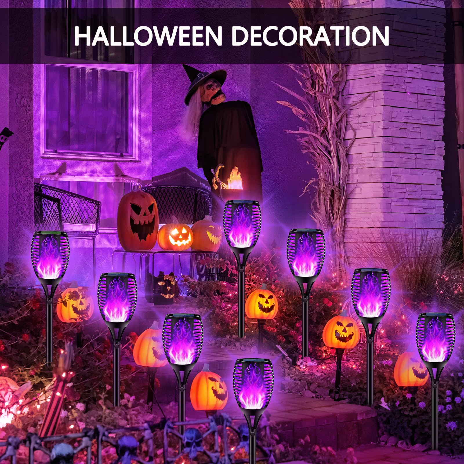 New Huing 4Pcs Halloween Purple Solar Torch Lights, 96 Led, Waterproof, 43In Dancing Flames