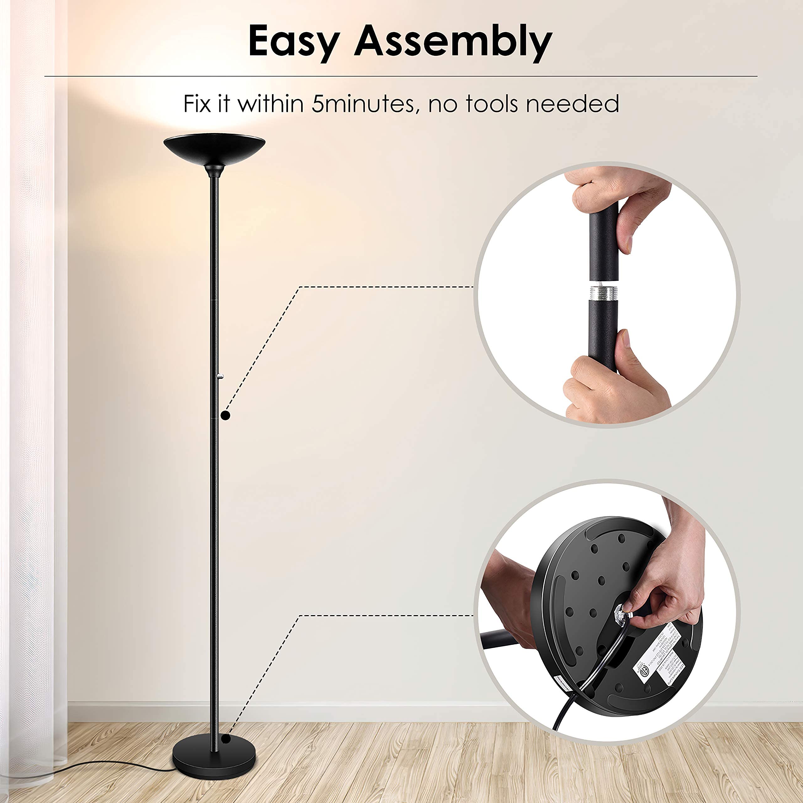 BoostArea Torchiere Floor Lamp - 24W LED, Stepless Dimmable, 70" Tall, Metal, Black, Model HD005BYH for Living Room/Bedroom