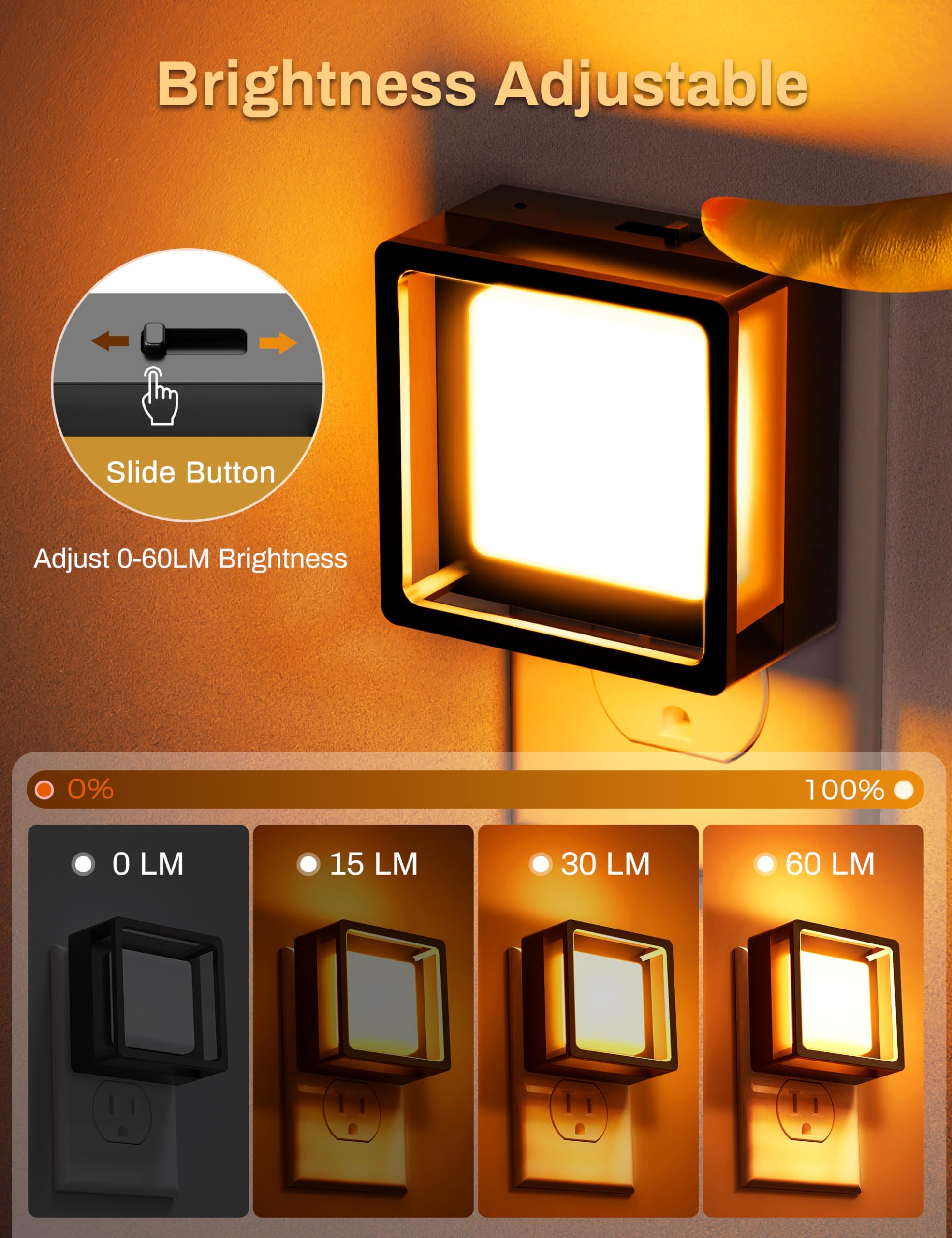 DORESshop Night Light 2 Pack, LED Dusk to Dawn Sensor, Adjustable Brightness, Orange, Plastic