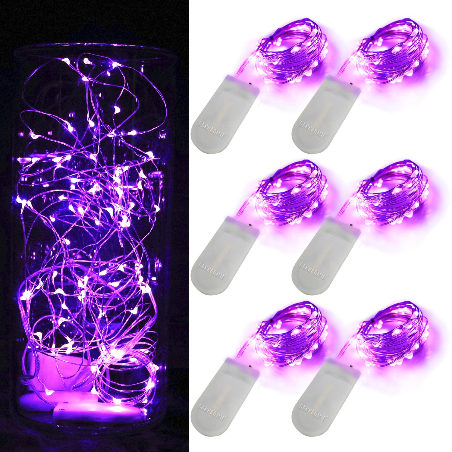 OakHaomie 7ft Fairy String Lights, 6-Pack, 20 Micro LEDs, Purple, Copper Wire, Includes 2 CR2032 Batteries, Wedding & Party Decor