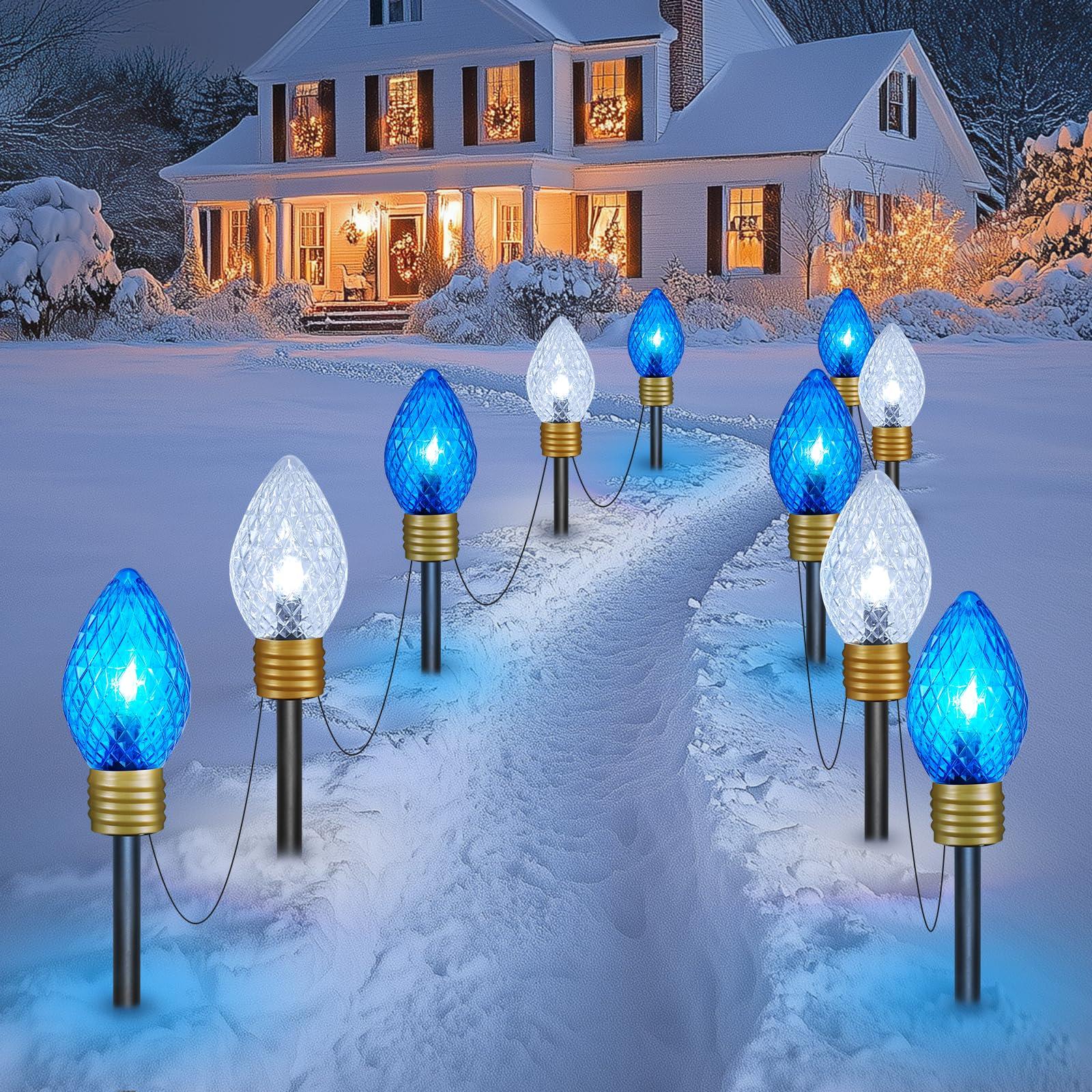 Moonflor Strawberry Jumbo C9 Christmas Pathway Lights Outdoor - 2Pack Total 17FT 10 LED C9 Walkway Light, Christmas Decoration Outside,Christmas Lights Outdoor for Lawn Yard Holiday, Blue & Pure White