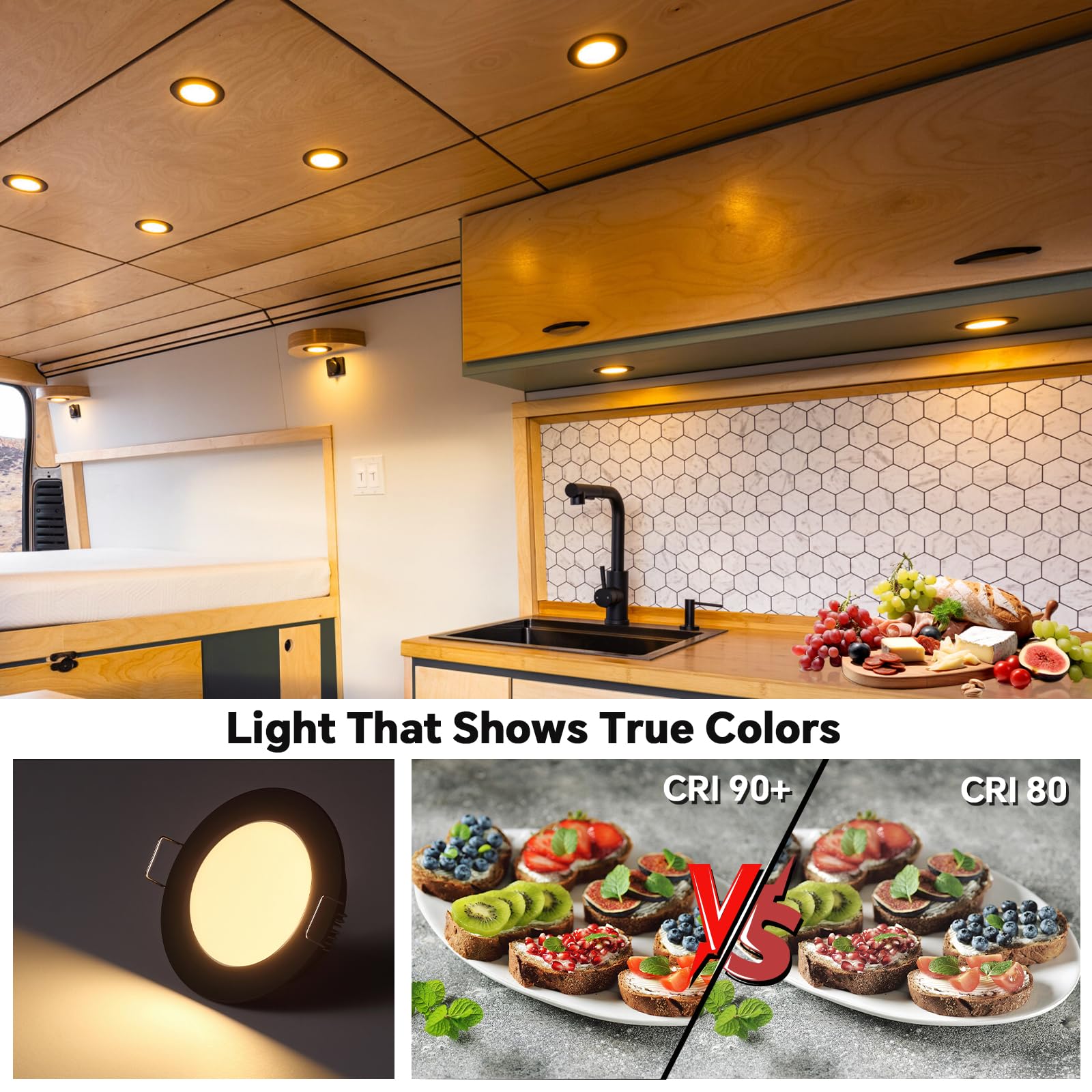 12 Volt Led Puck Light, Rv Boat Recessed Mount Ceiling Light, 12V Down Light For Under Cabinet Camper Vans Caravan Cabin Truck Motorhome Sailboat Interior Lighting, 6 Pack (Black Finish Warm White)