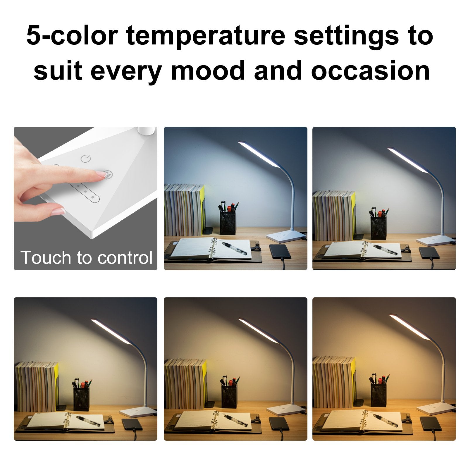 RAOYI LED Desk Lamp, 12W Dimmable Eye-Caring Light, Touch Control, 5 Color Modes, USB Charging, White, Model LAM10A